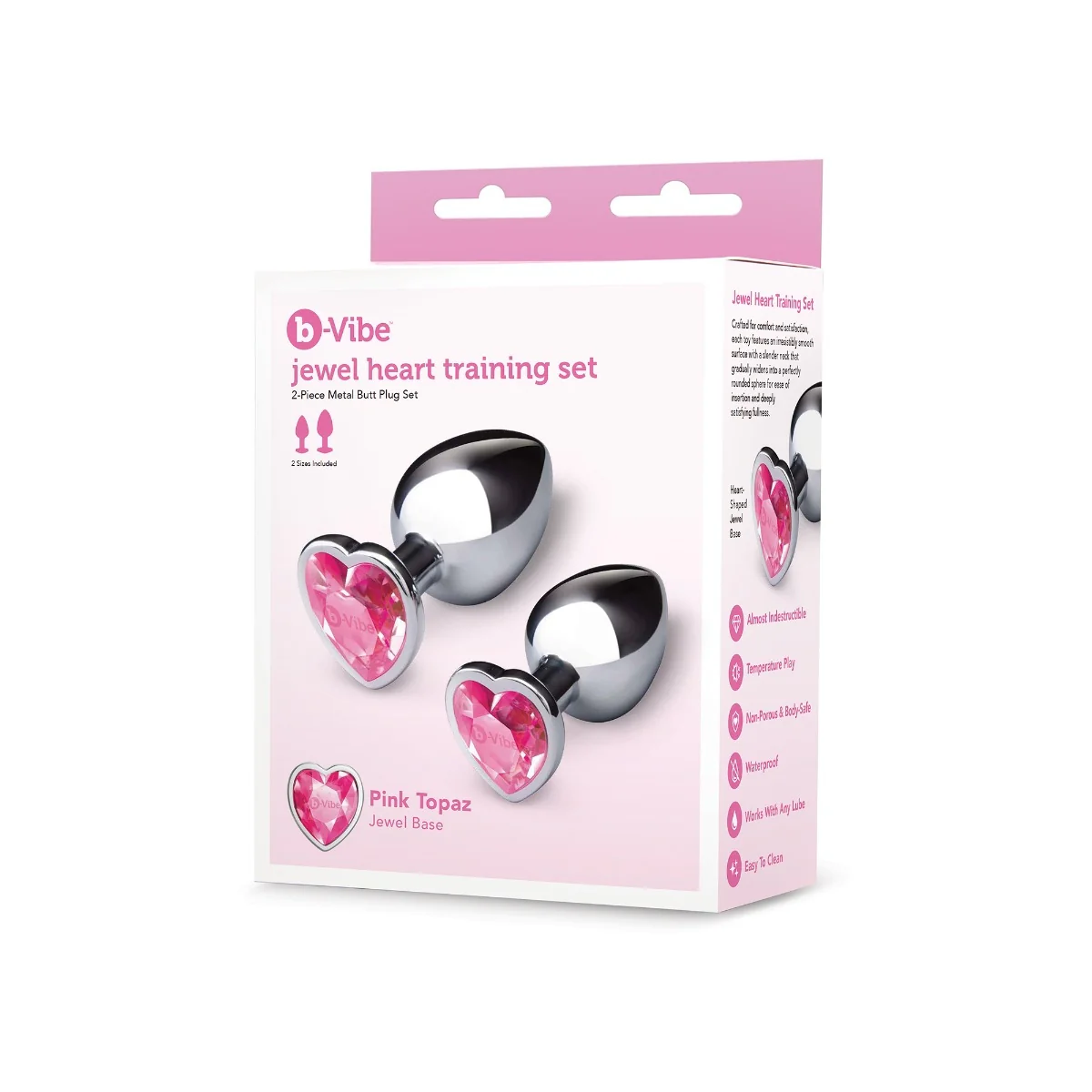 b-Vibe Jewel Heart 2 Piece Metal Butt Plug Training Set Silver Pink - Image 2