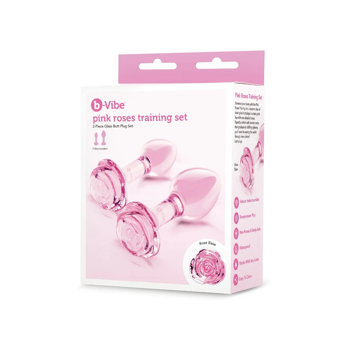 b-Vibe Pink Roses 2 Piece Glass Butt Plug Training Set Pink - Image 2