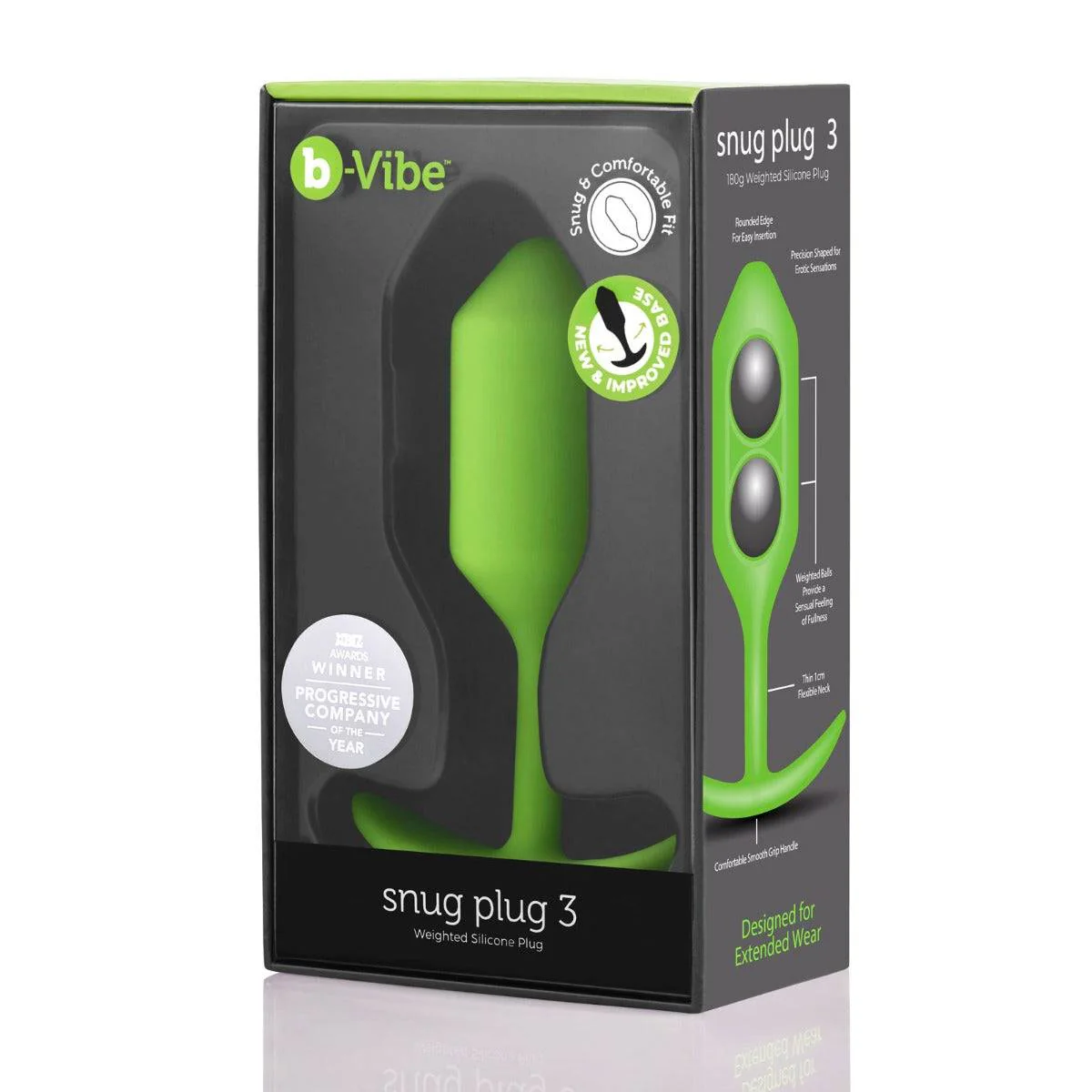 b-Vibe Snug Plug 3 Weighted Silicone Butt Plug Lime Green - Image 2
