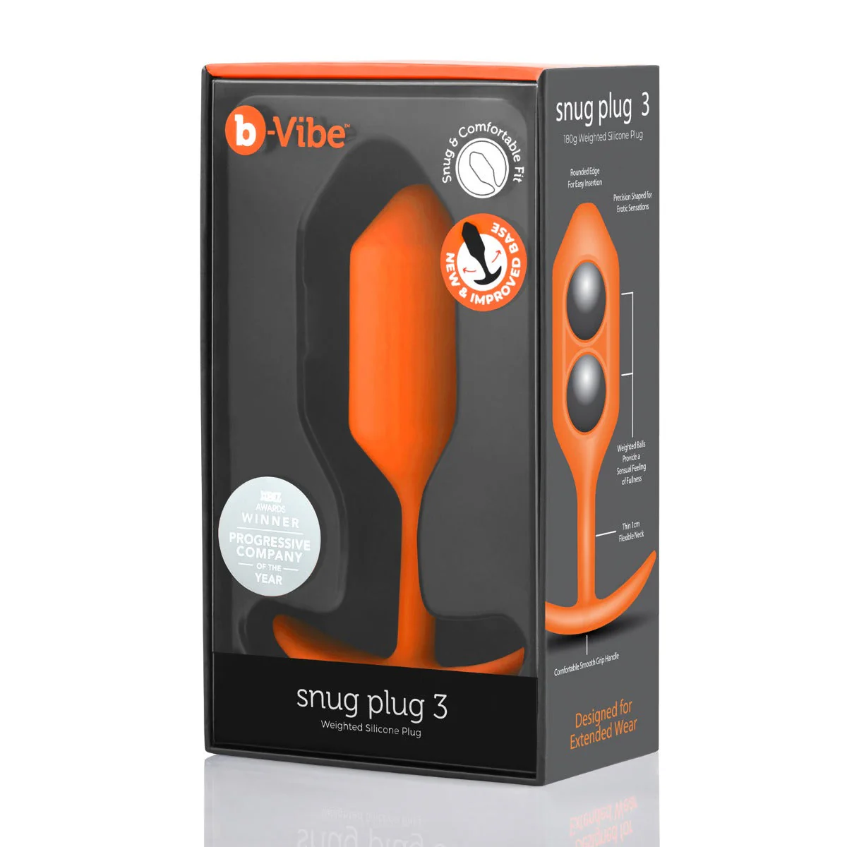 b-Vibe Snug Plug 3 Weighted Silicone Butt Plug Orange - Image 2
