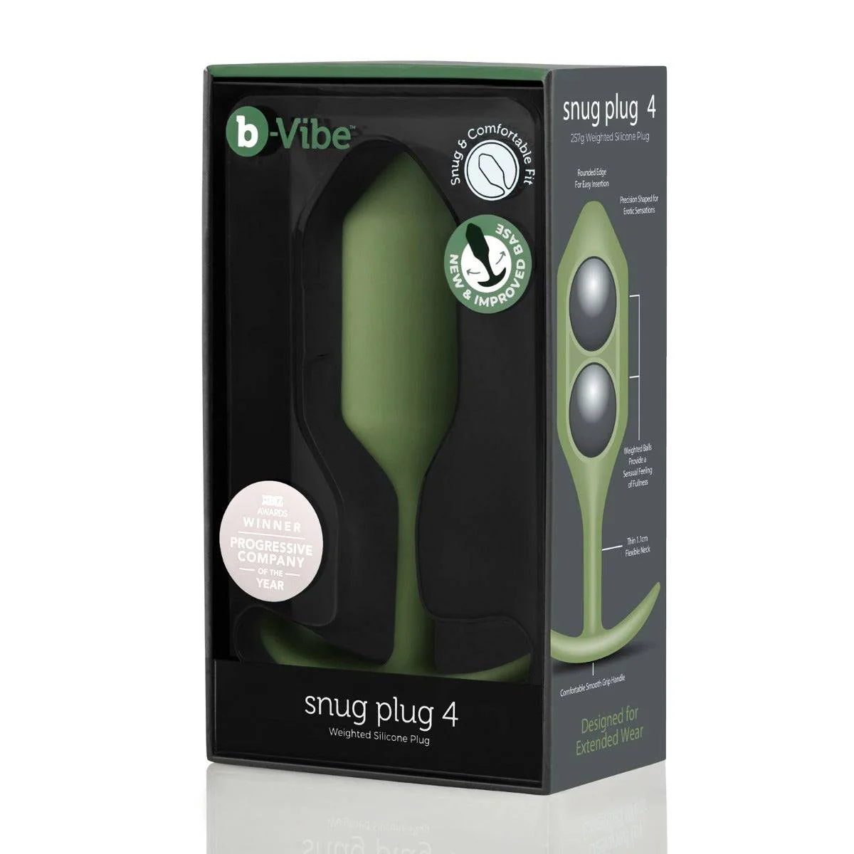 b-Vibe Snug Plug 4 Weighted Silicone Butt Plug Army Green - Image 2