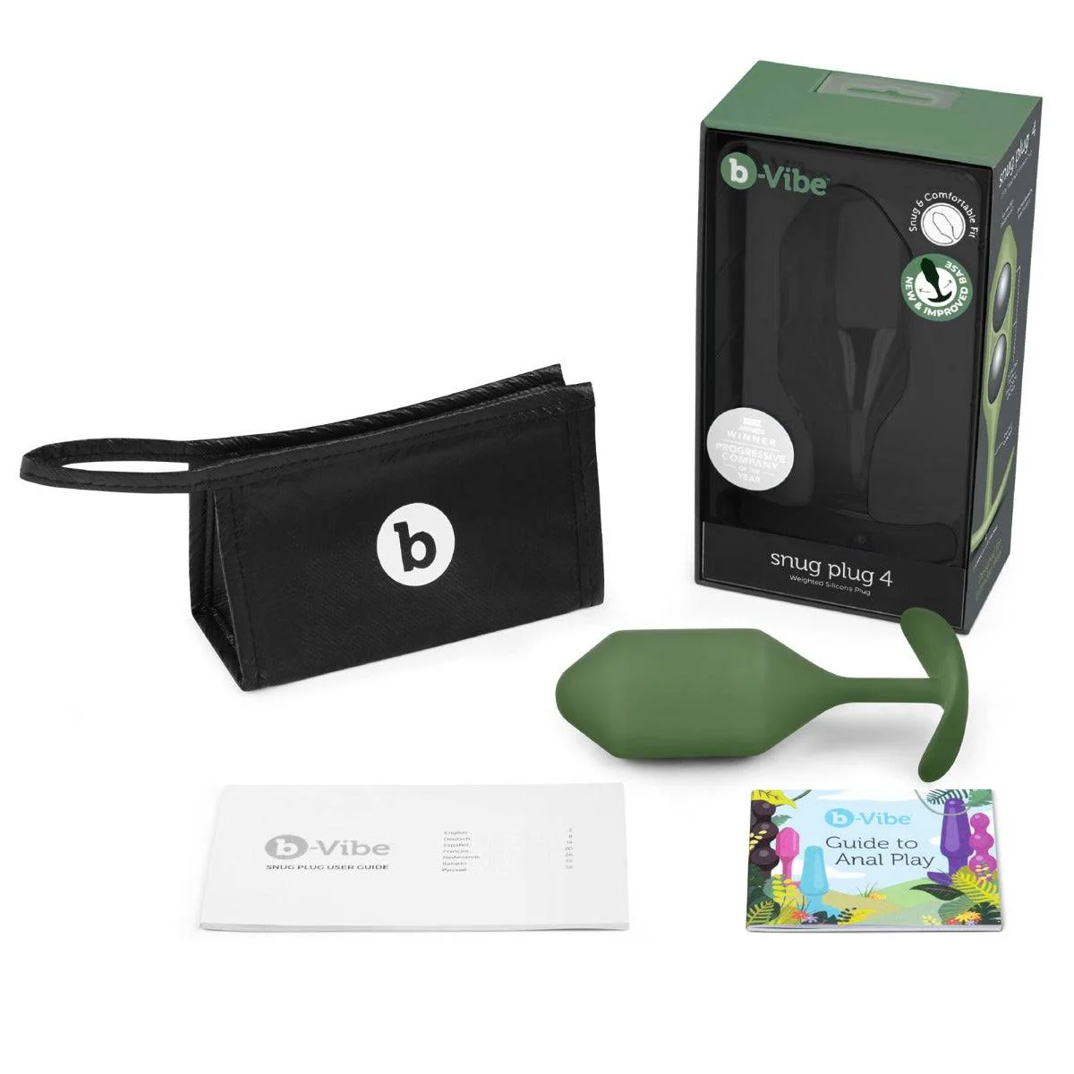 b-Vibe Snug Plug 4 Weighted Silicone Butt Plug Army Green - Image 4