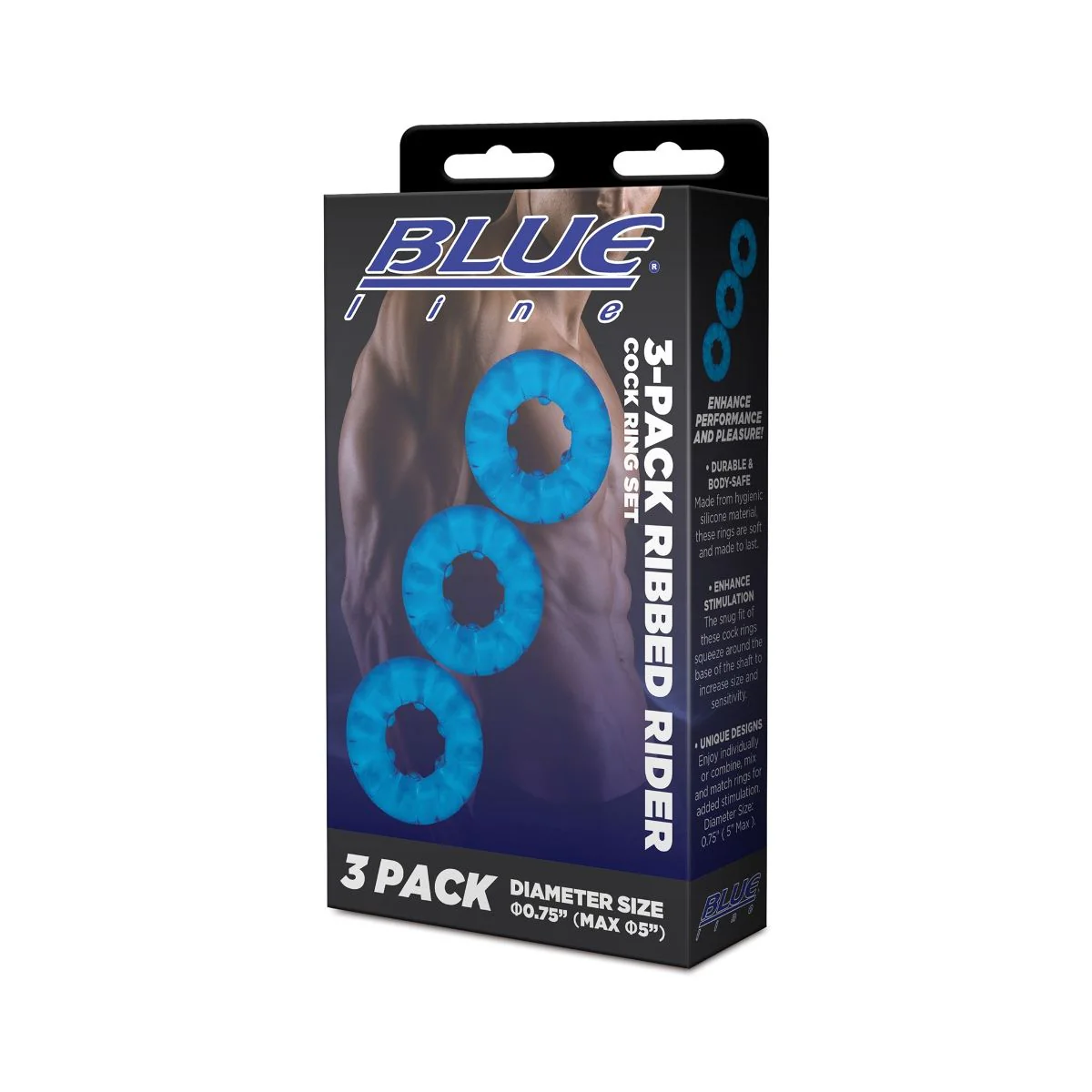 Blue Line Ribbed Rider Cock Ring Set 3 Pack Blue - Image 2