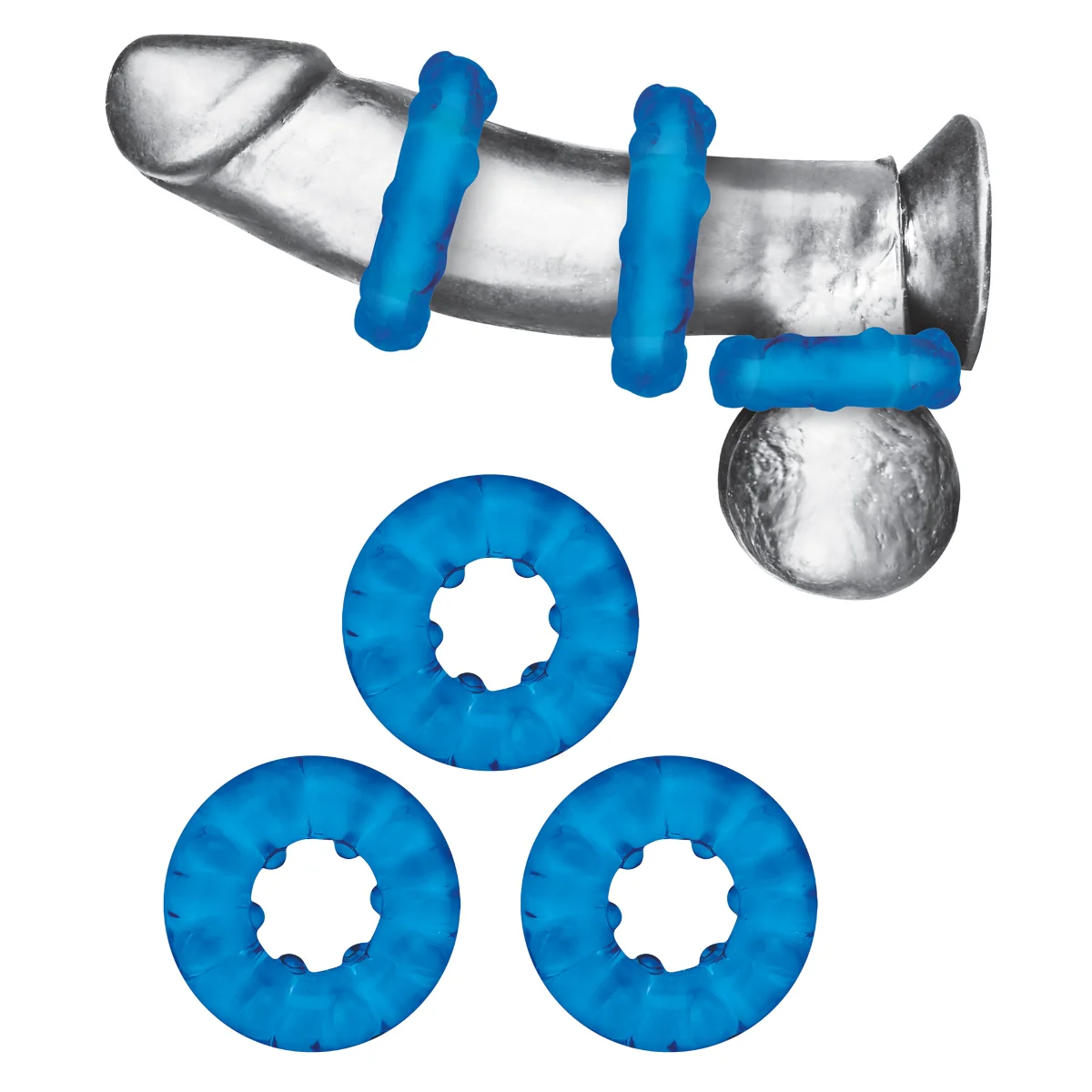 Blue Line Ribbed Rider Cock Ring Set 3 Pack Blue - Image 4