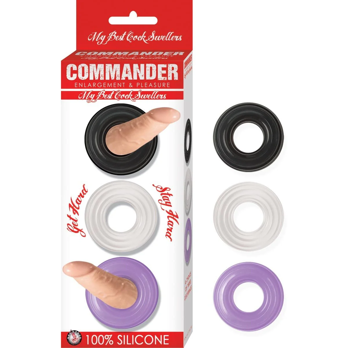 Commander My Best Cock Swellers Silicone Cock Ring 3 Pack Black Clear Purple - Image 2