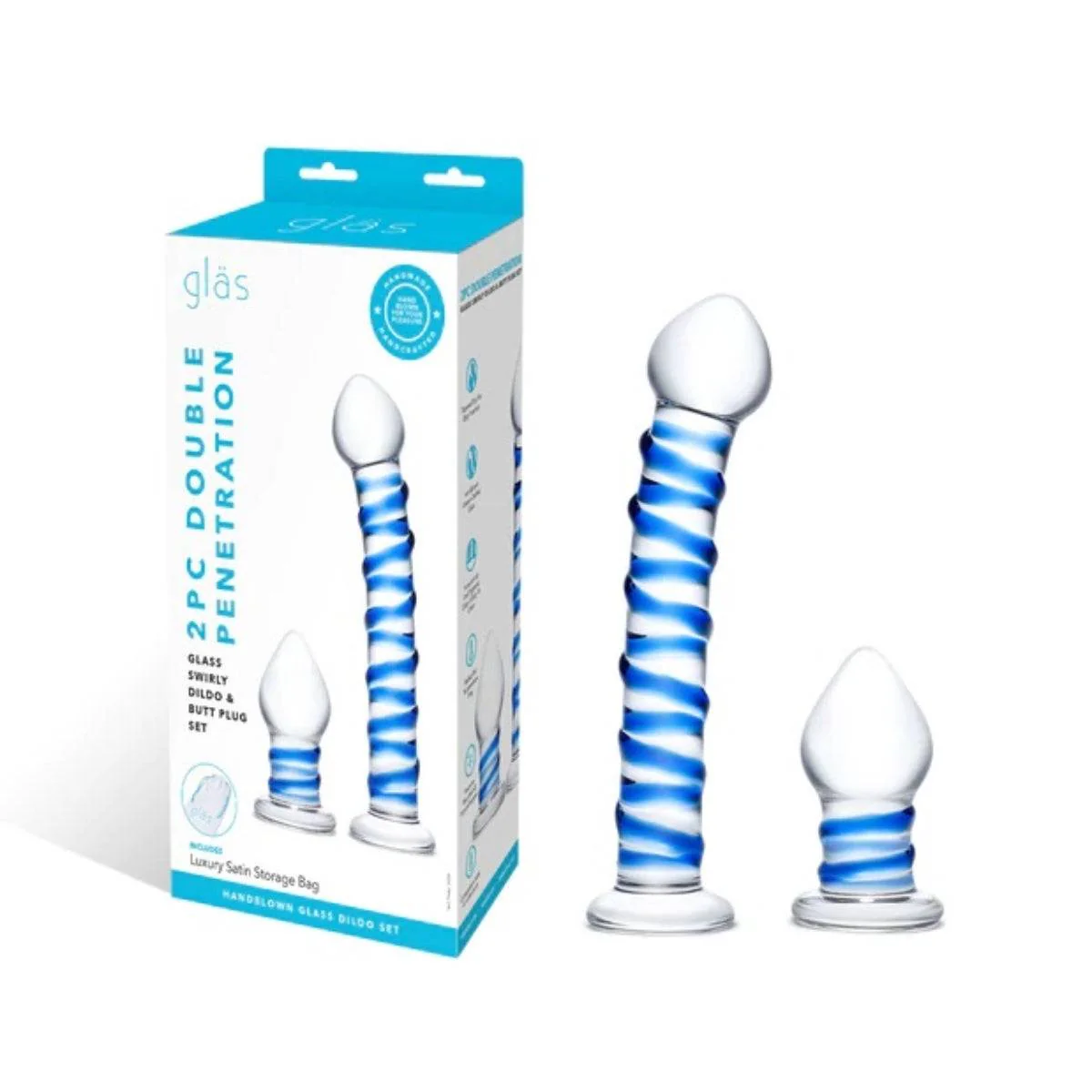 Glas Double Penetration Swirly Dildo And Butt Plug Set Blue 2.75 Inch 7 Inch - Image 2