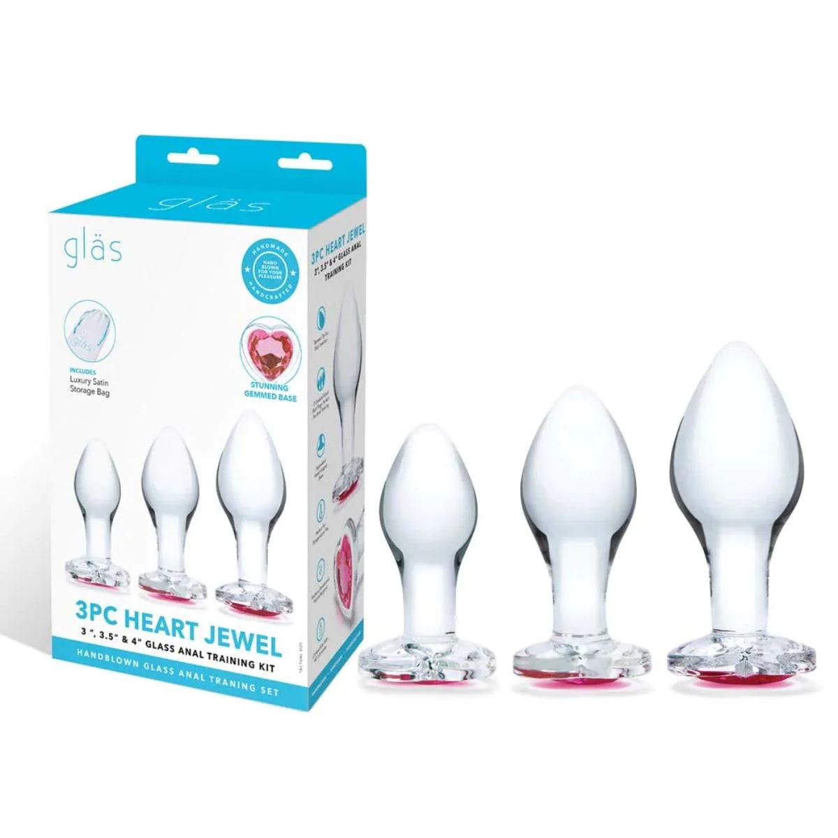 Glas Heart Jewel 3 Piece Anal Training Butt Plug Kit Clear 3 Inch 3.5 Inch 4 Inch - Image 2