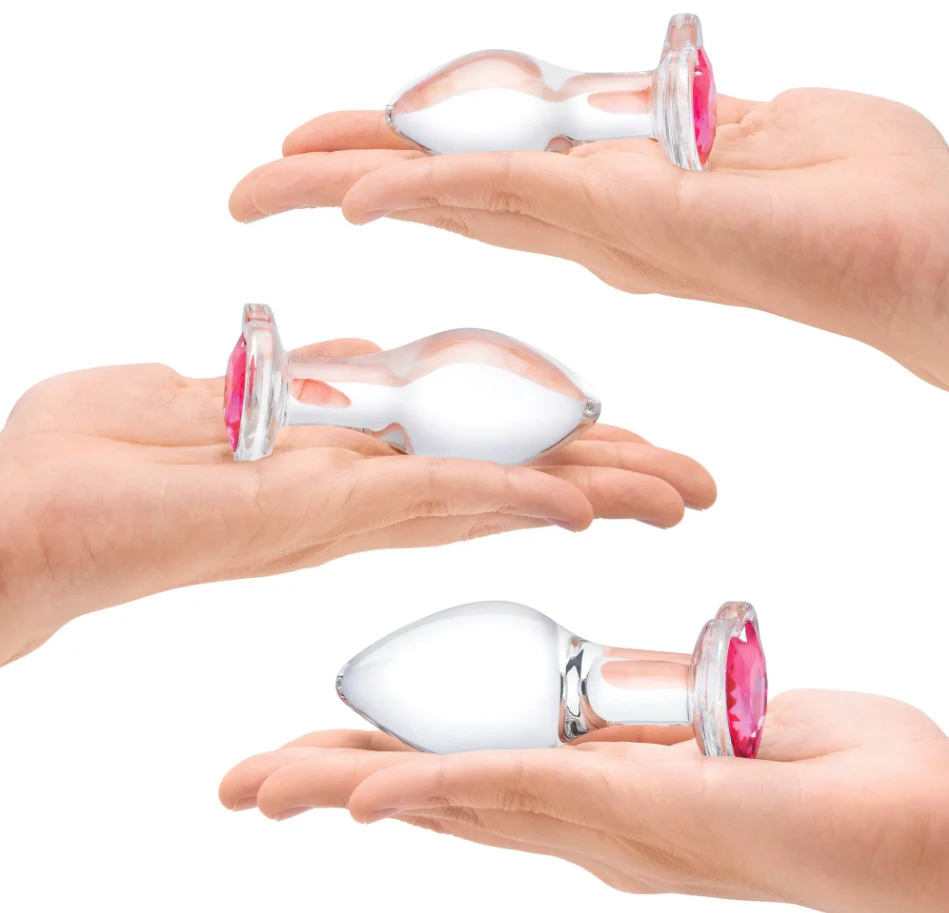 Glas Heart Jewel 3 Piece Anal Training Butt Plug Kit Clear 3 Inch 3.5 Inch 4 Inch - Image 5