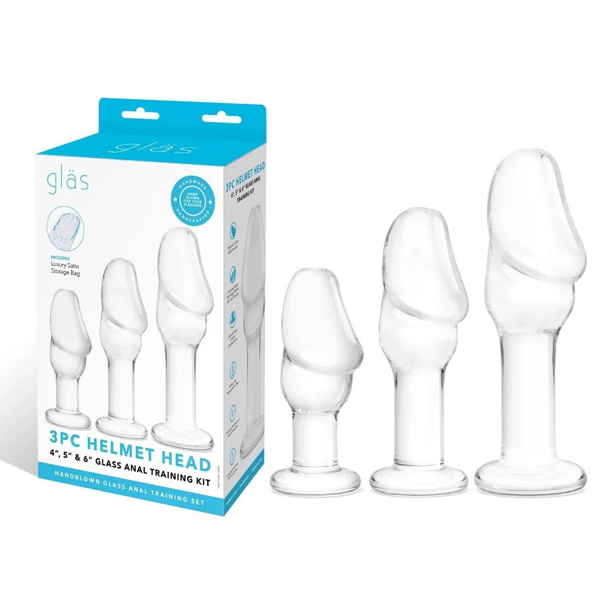 Glas Helmet Head 3 Piece Anal Training Glass Butt Plug Kit Clear 4 Inch 5 Inch 6 Inch - Image 2