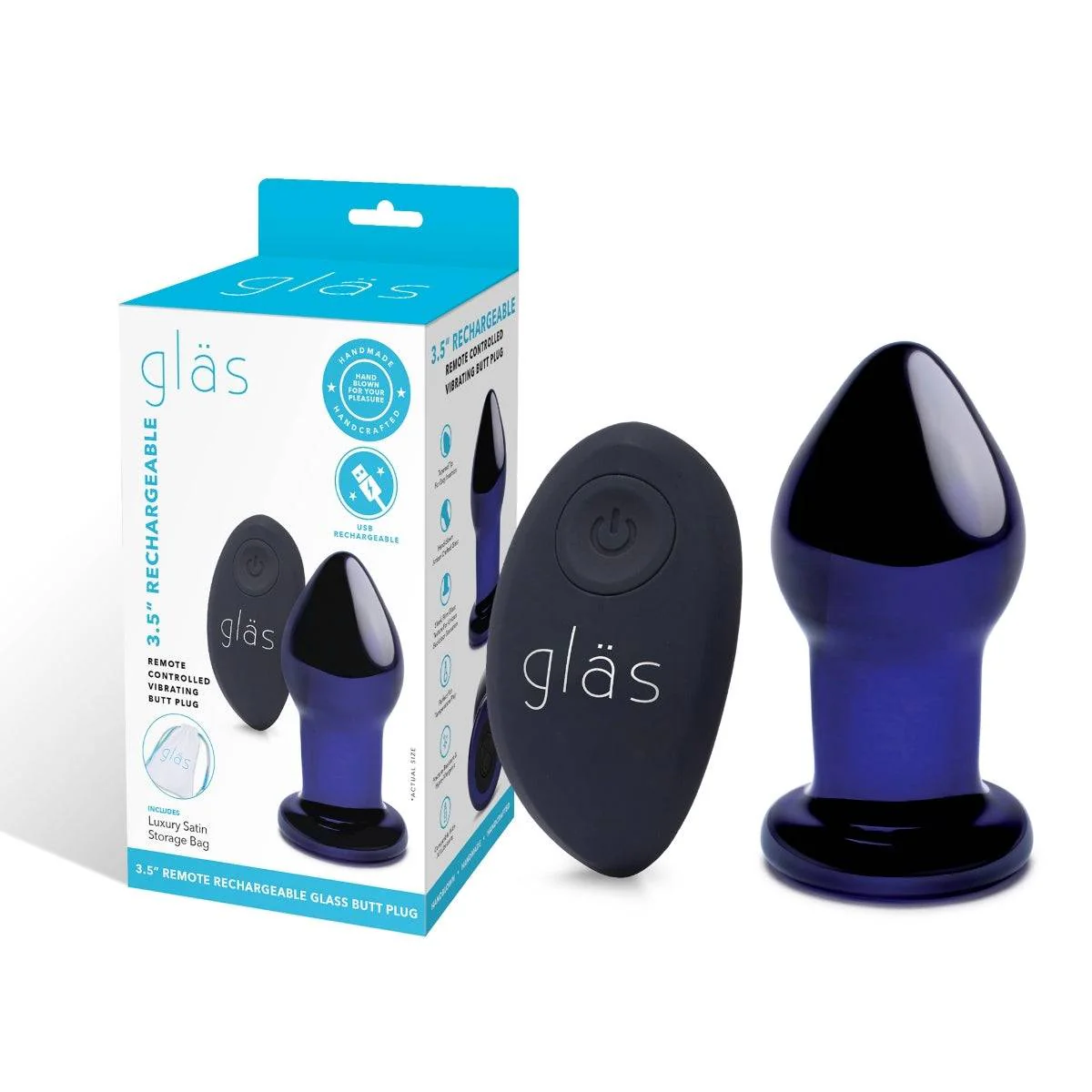 Glas Rechargeable Remote Controlled Vibrating Butt Plug Blue 3.5 Inch - Image 2