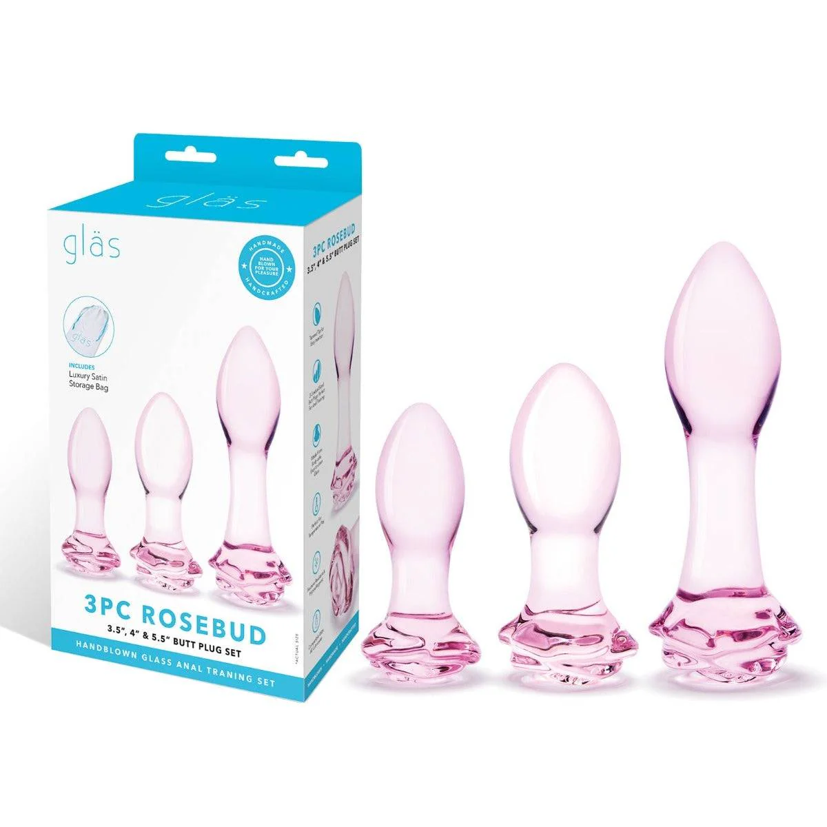 Glas Rosebud 3 Piece Butt Plug Set Pink 3.5 Inch 4 Inch 5.5 Inch - Image 2