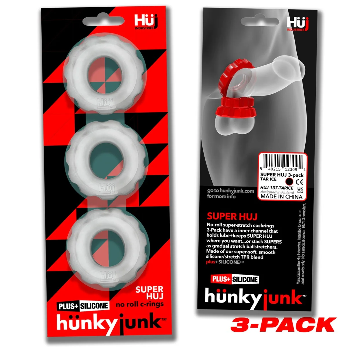 Hunkyjunk Super HUJ Cock Ring 3 Pack Clear Ice - Image 2