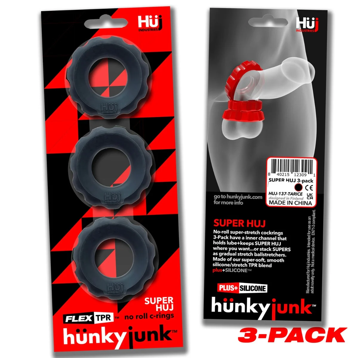 Hunkyjunk Super HUJ Cock Ring 3 Pack Tar Ice - Image 2