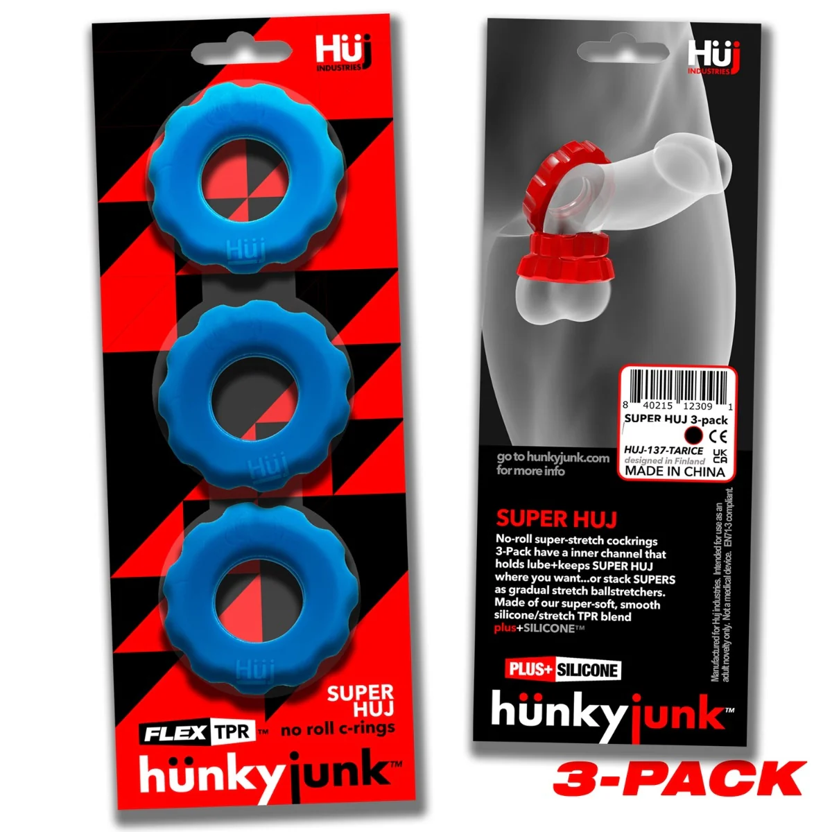 Hunkyjunk Super HUJ Cock Ring 3 Pack Teal Ice - Image 2
