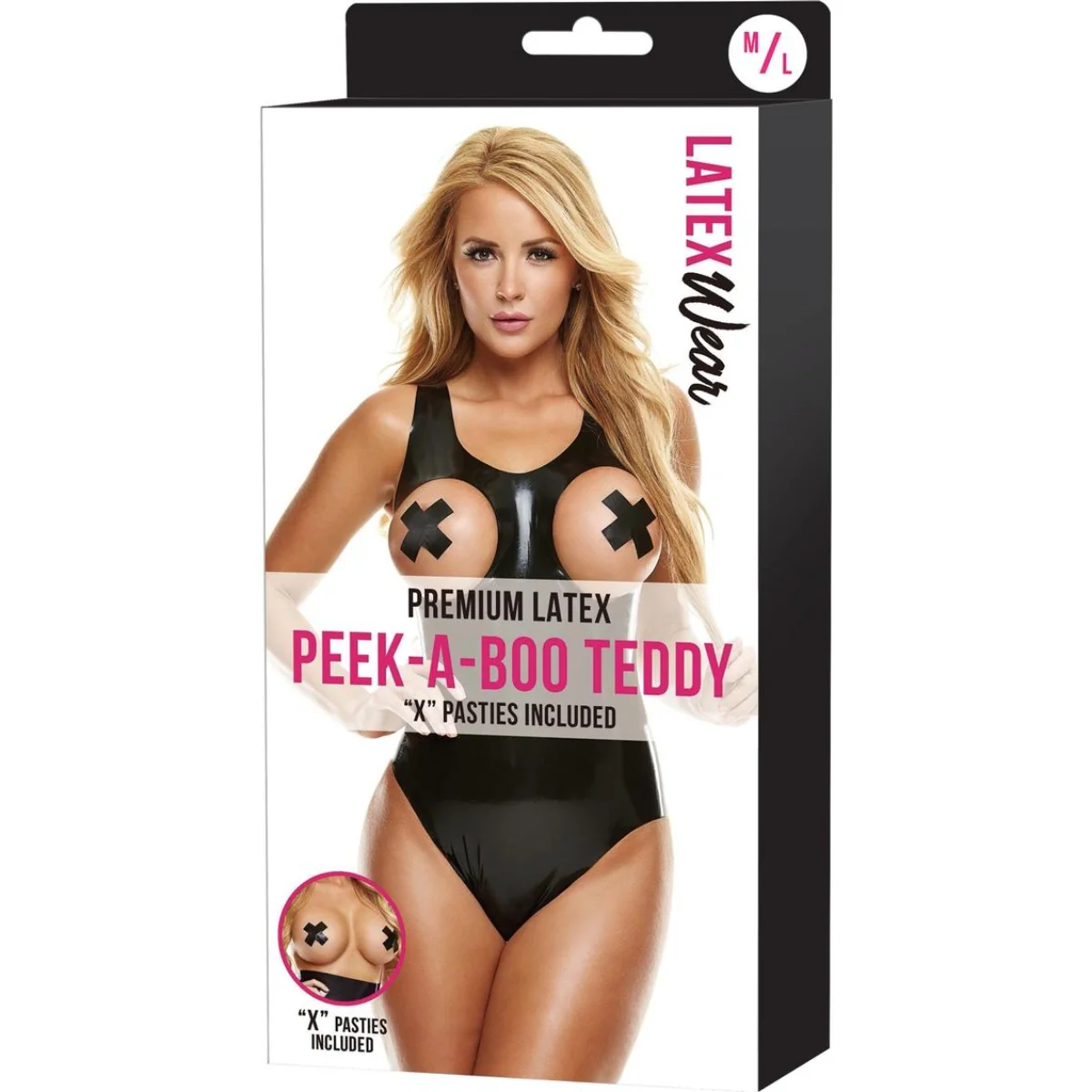 Latex Wear Premium Latex Peek-A-Boo Teddy With X Pasties Black - Image 2