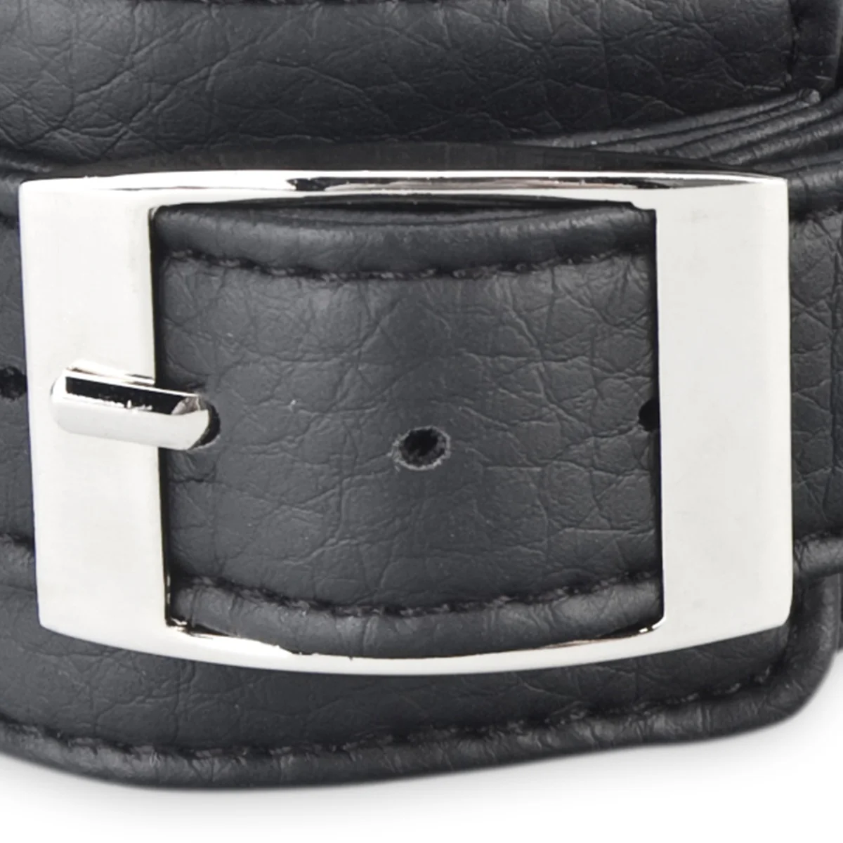 Lux Fetish Leatherette Cuffs With Lock & Chain Black Silver - Image 4
