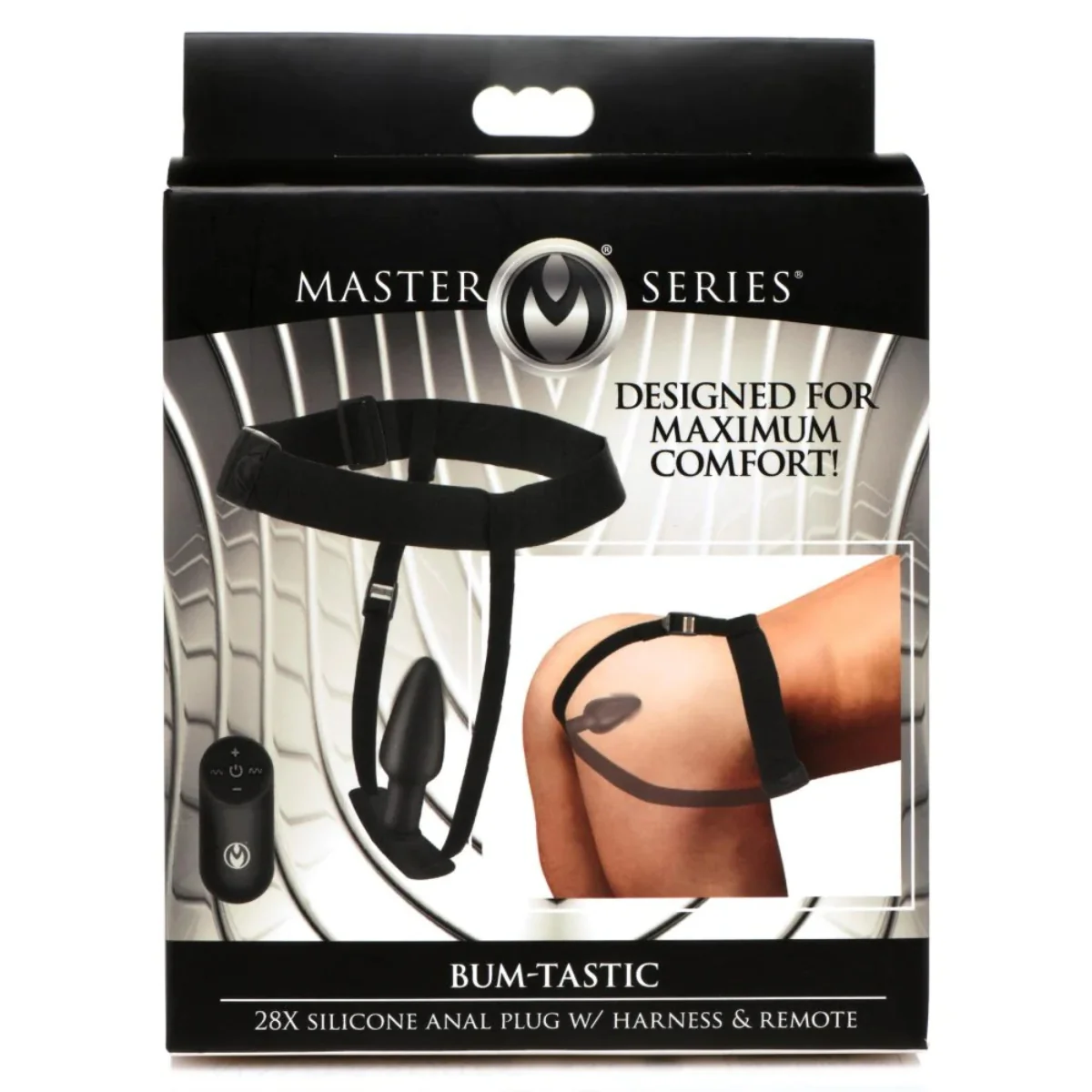 Master Series Bum-Tastic 28X Silicone Butt Plug With Harness & Remote Black - Image 2