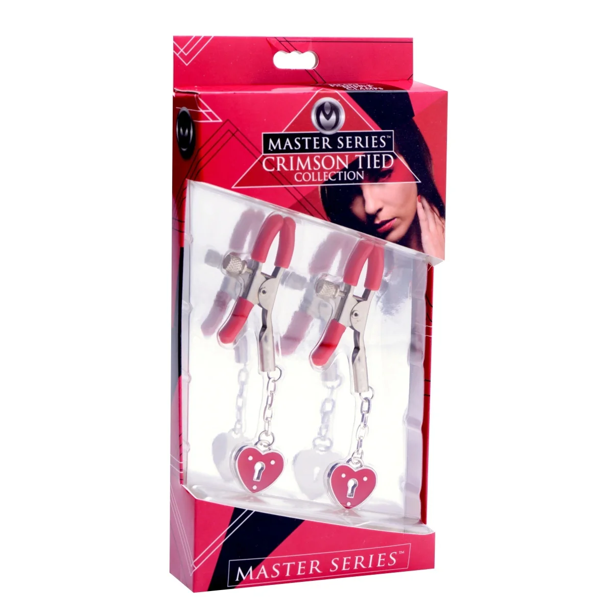 Master Series Captive Heart Padlock Nipple Clamps Red Silver - Image 2