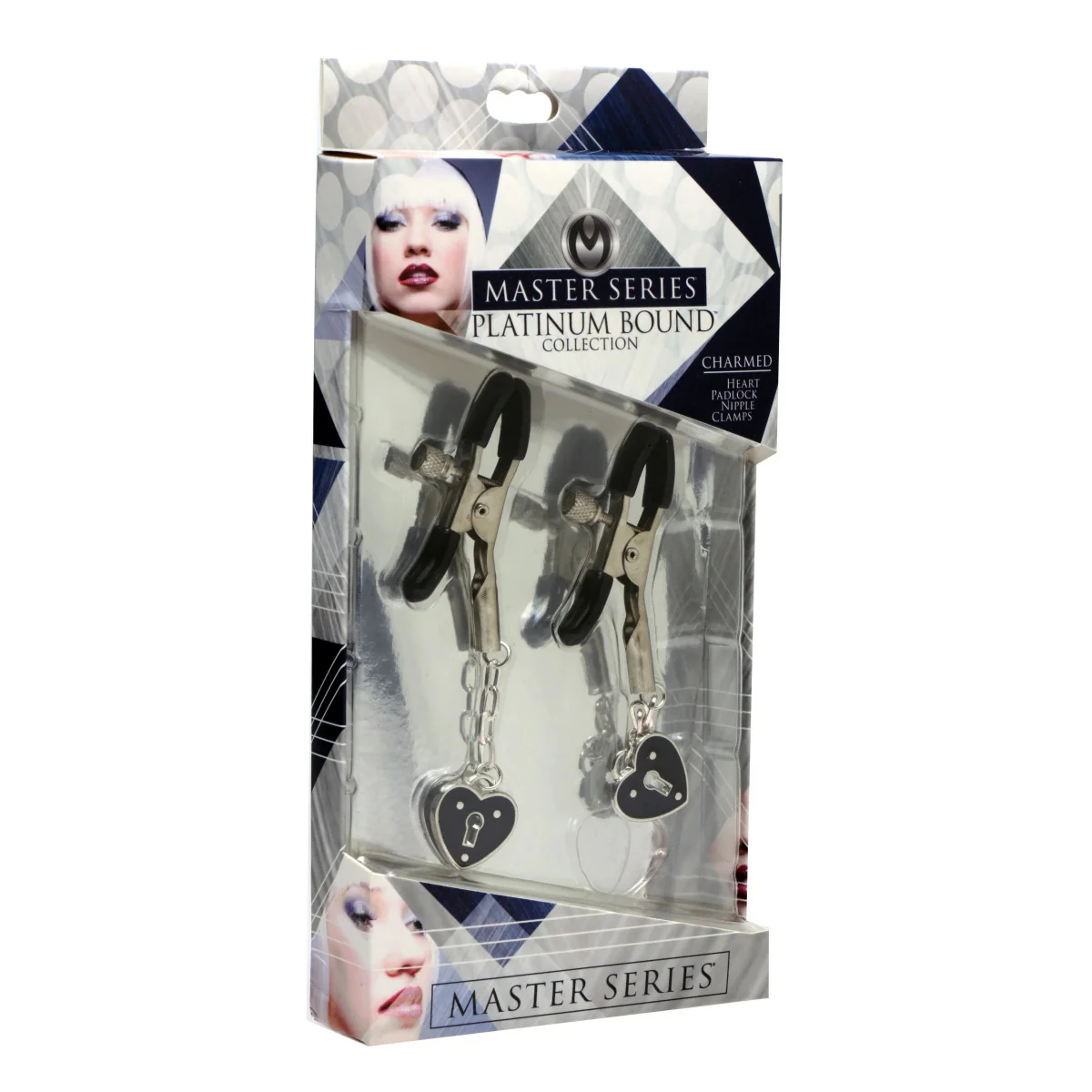 Master Series Charmed Heart Padlock Nipple Clamps Black Silver - Image 2