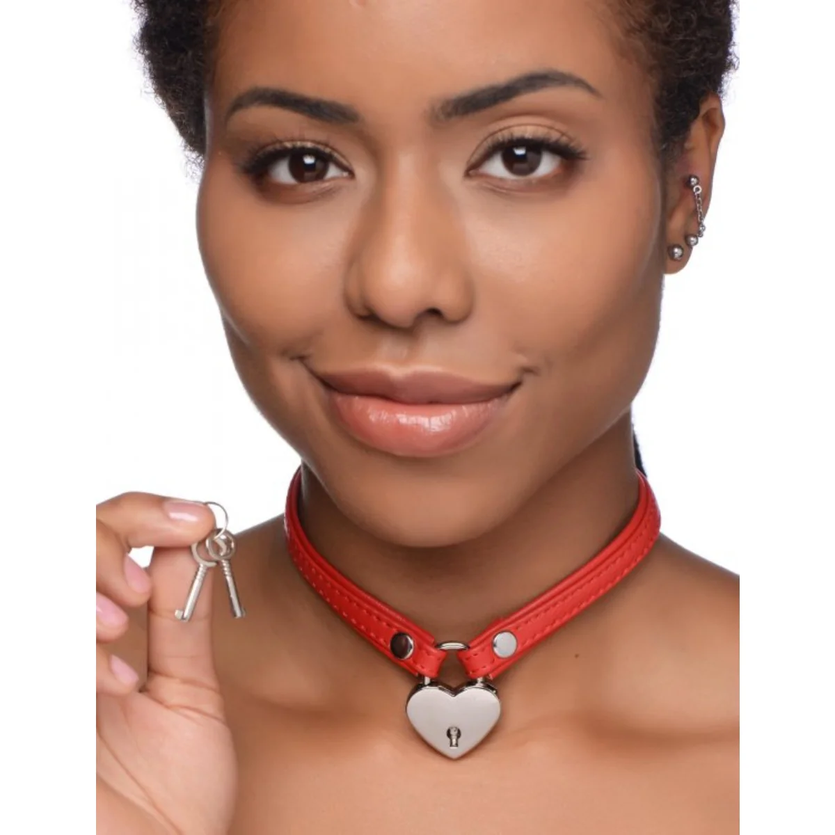 Master Series Heart Lock Leather Choker With Lock & Key Red - Image 5