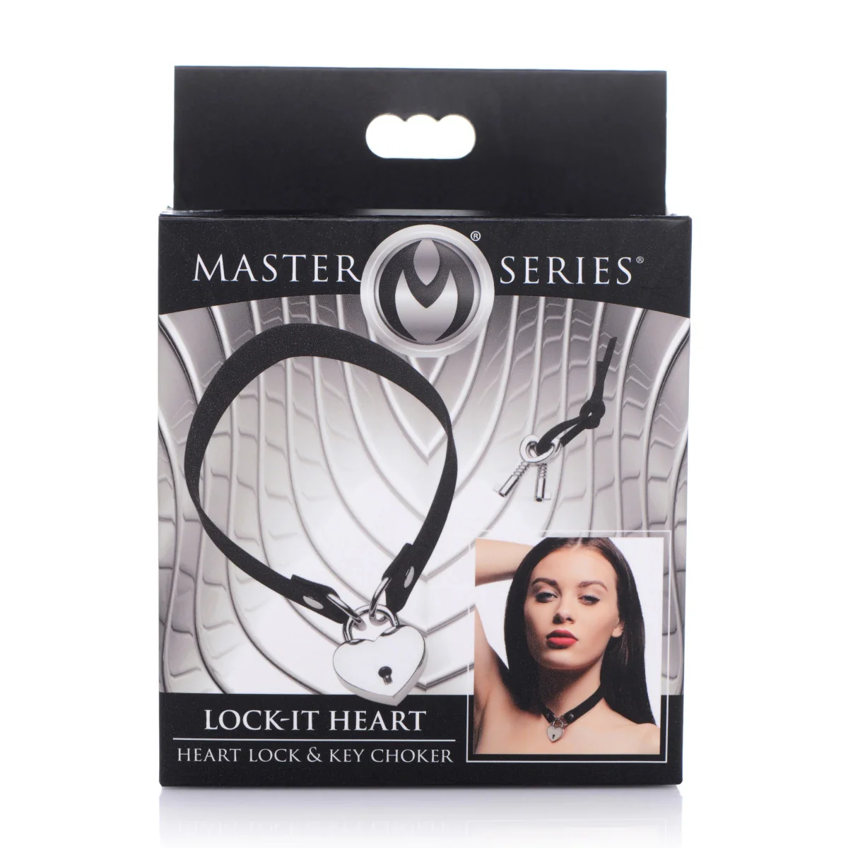 Master Series Lock-It Heart Lock & Key Choker Black Silver - Image 2