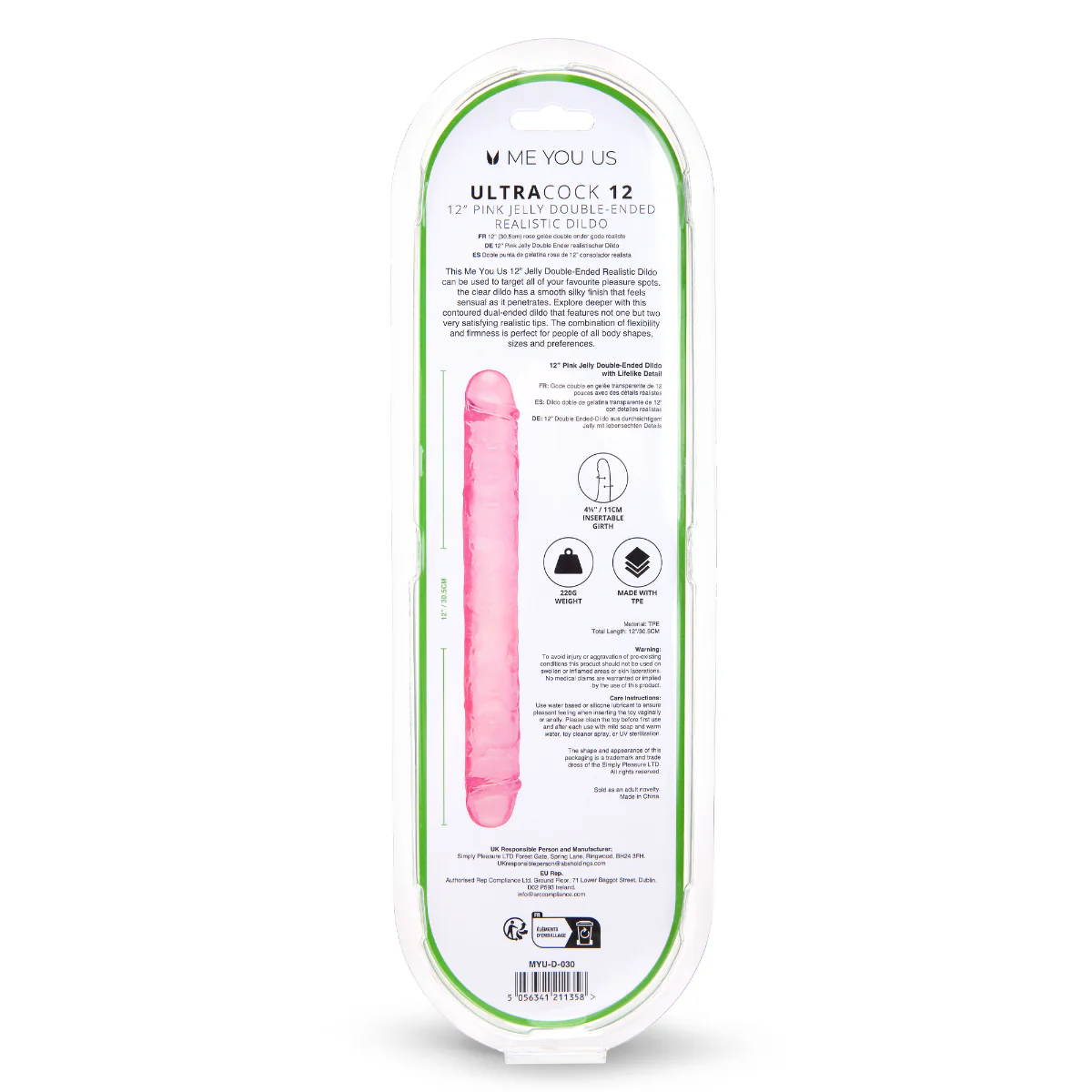 Me You Us Ultra Cock Jelly Double Ended Dildo Pink 12 Inch - Image 4