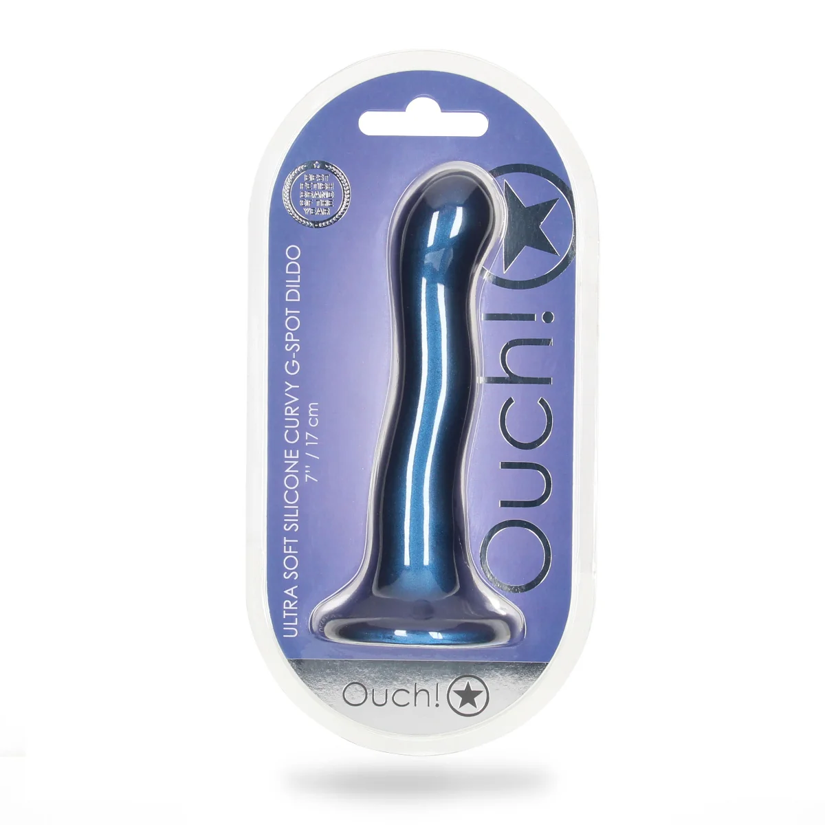 Ouch Ultra Soft Silicone Curvy G-Spot Dildo Metallic Blue 7 Inch - Image 2