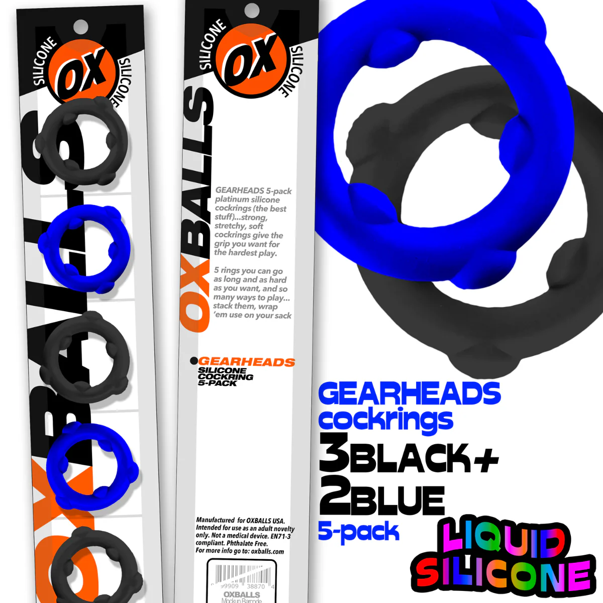 Oxballs Gearheads Silicone Cock Ring 5 Pack Black Blue - Image 2