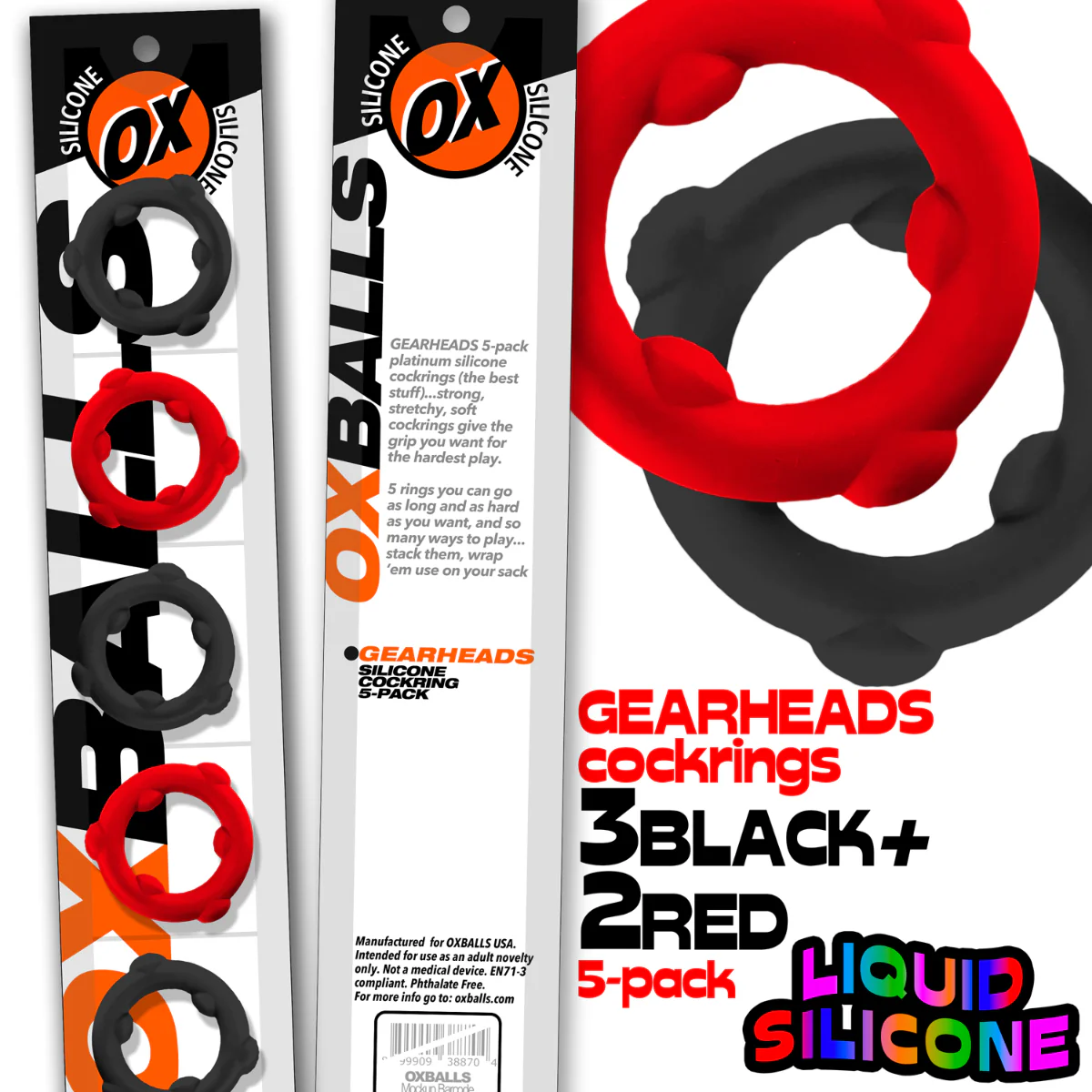Oxballs Gearheads Silicone Cock Ring 5 Pack Black Red - Image 2