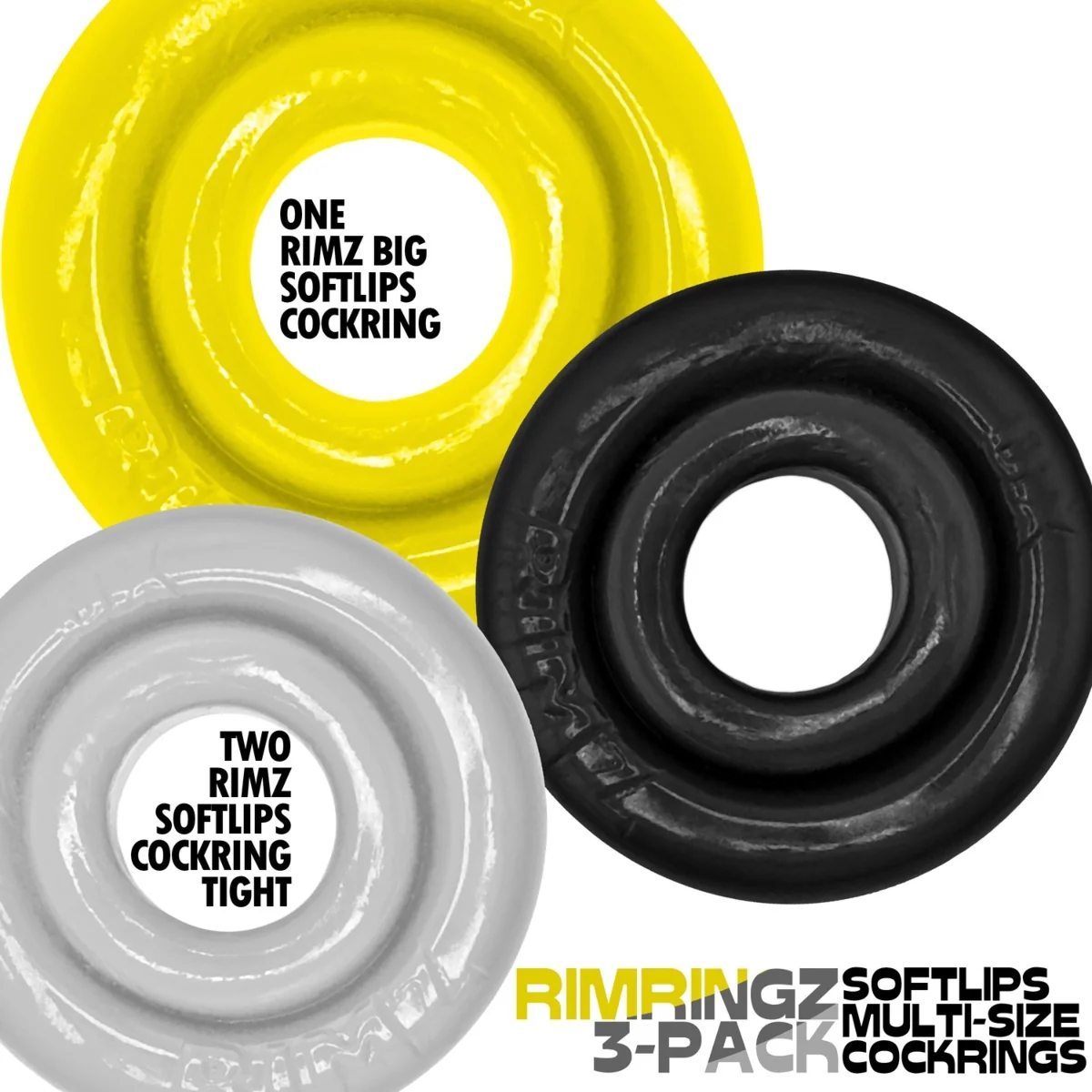 Oxballs Rimringz Cock Ring 3 Pack Shockwave Black Clear Yellow - Image 2