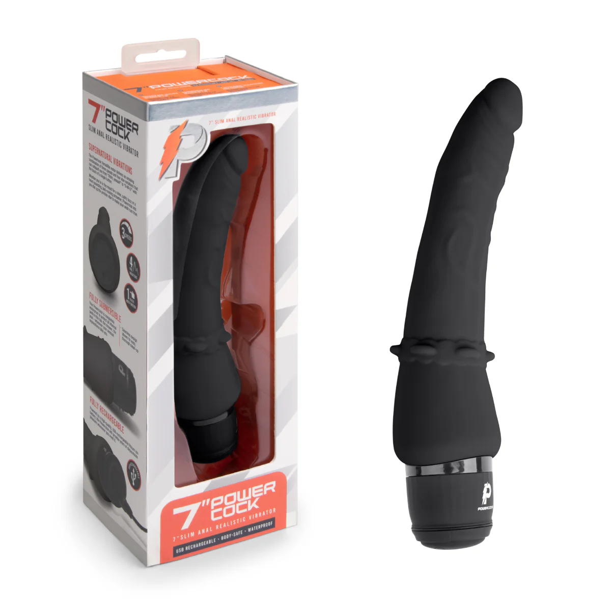 Powercocks Slim Anal Realistic Vibrator Black 7 Inch - Image 2
