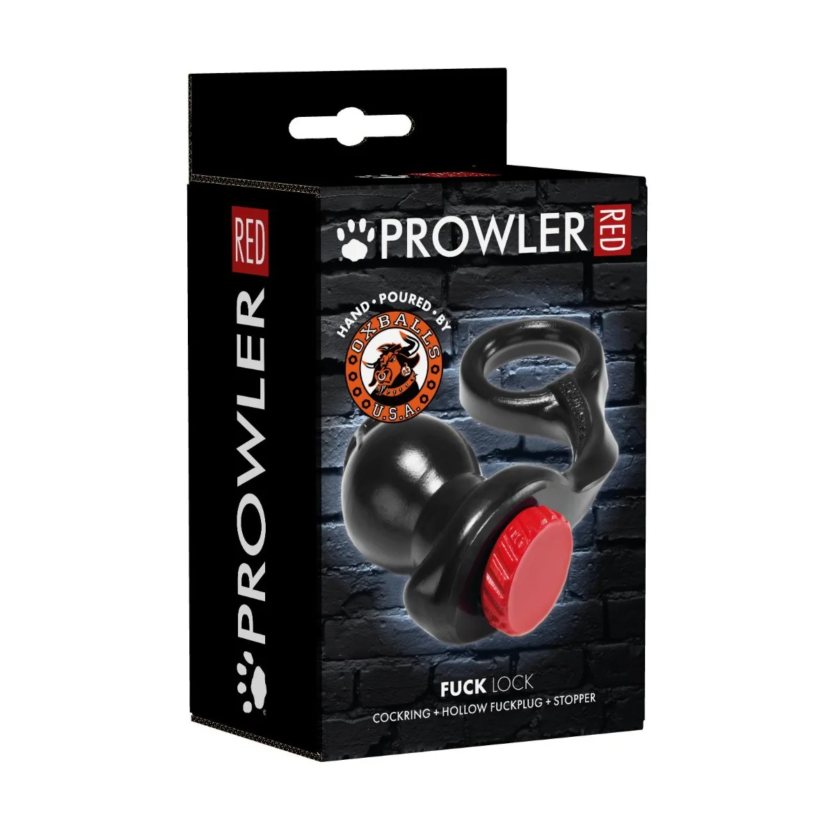 Prowler RED By Oxballs FUCK LOCK Cock Ring With Hollow Fuck Plug & Stopper Black Red - Image 2
