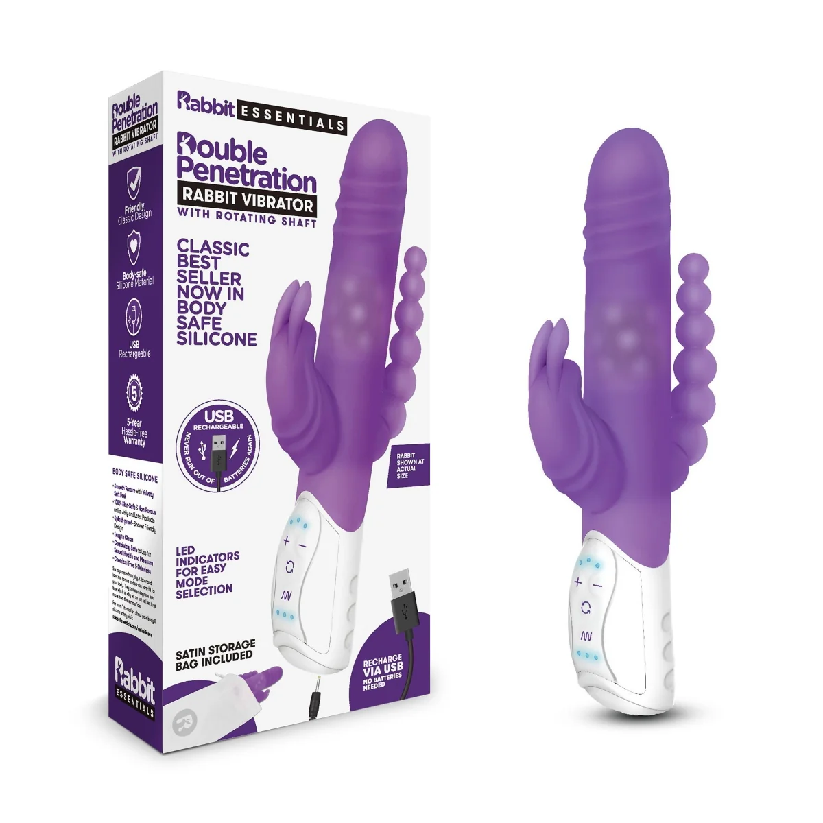 Rabbit Essentials Double Penetration Rabbit Vibrator With Rotating Shaft Purple - Image 2