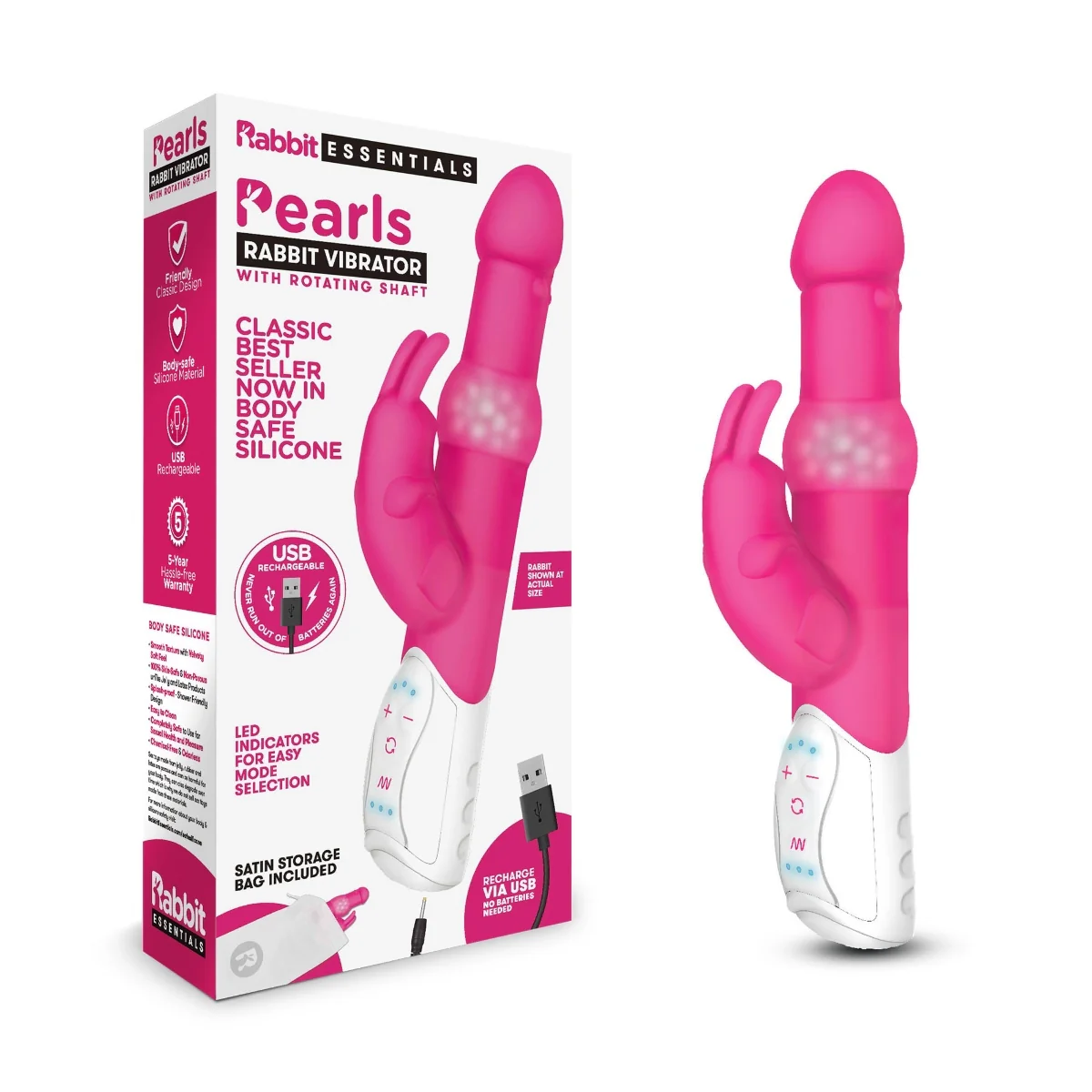 Rabbit Essentials Pearls Rabbit Vibrator With Rotating Shaft Hot Pink - Image 2