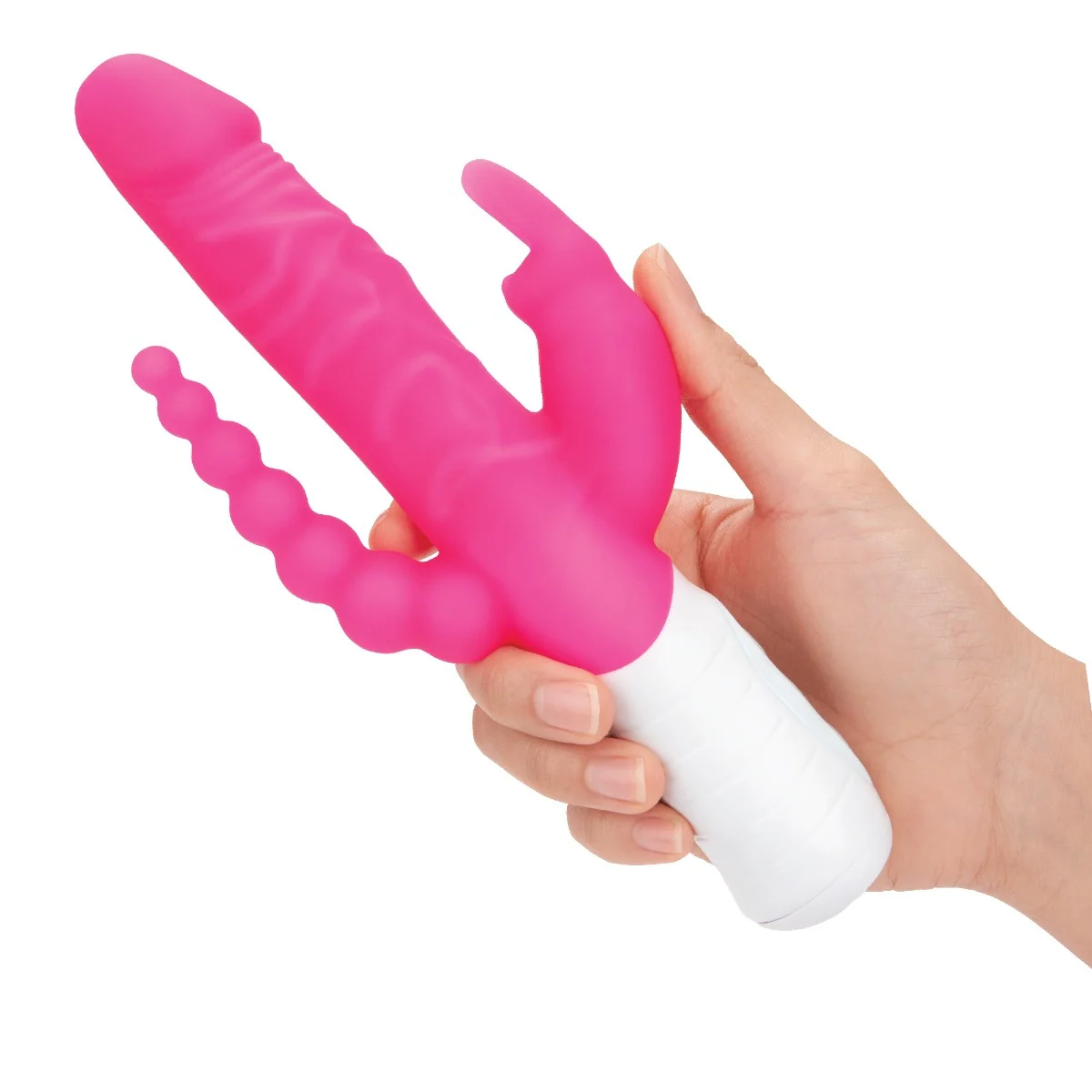 Rabbit Essentials Slim Realistic Double Penetration Rabbit Vibrator With Rotating Beads Hot Pink - Image 4