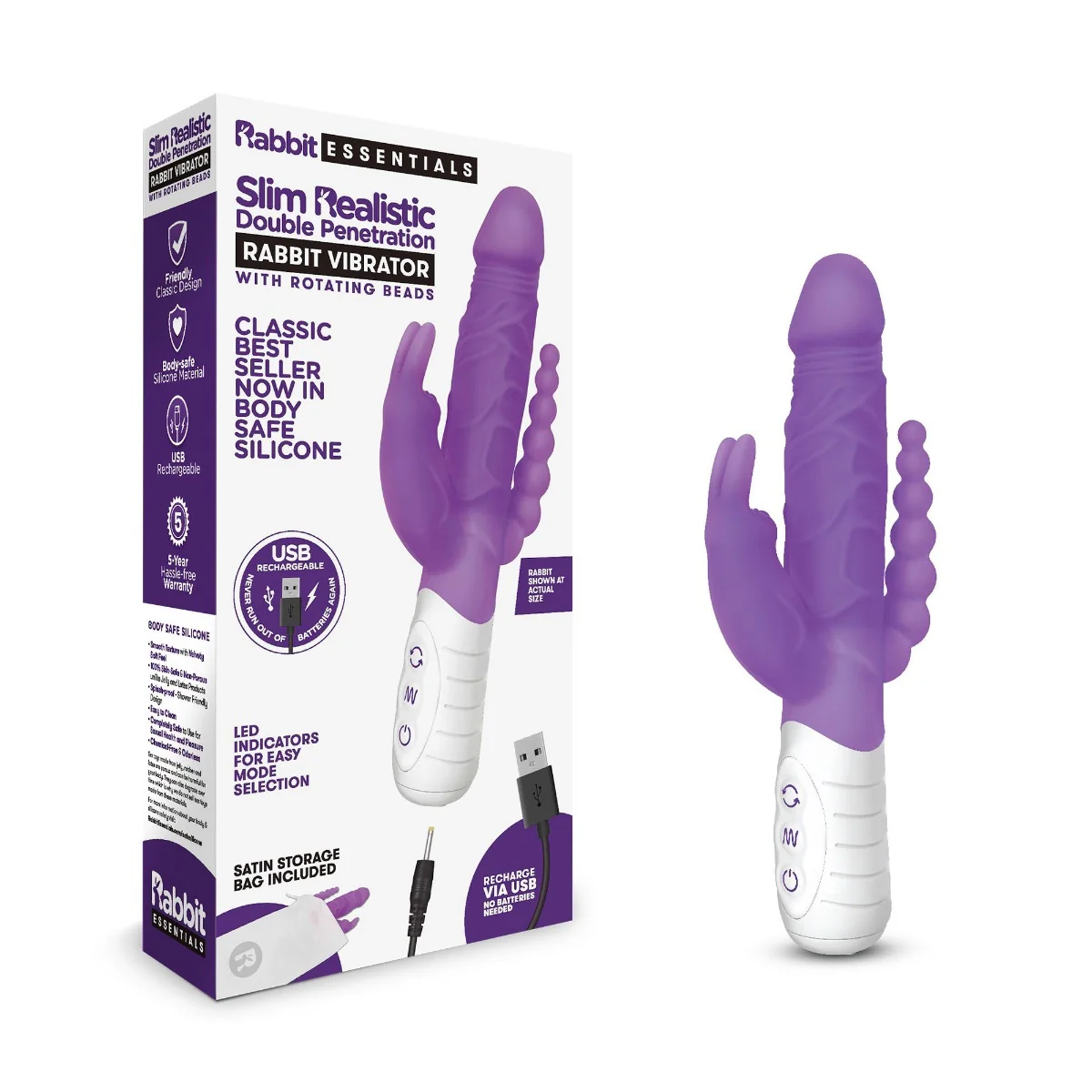 Rabbit Essentials Slim Realistic Double Penetration Rabbit Vibrator With Rotating Beads Purple - Image 2