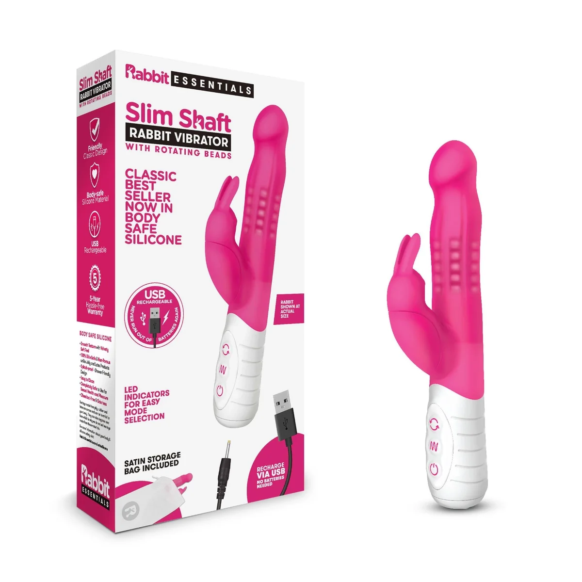 Rabbit Essentials Slim Shaft Rabbit Vibrator With Rotating Beads Hot Pink - Image 2