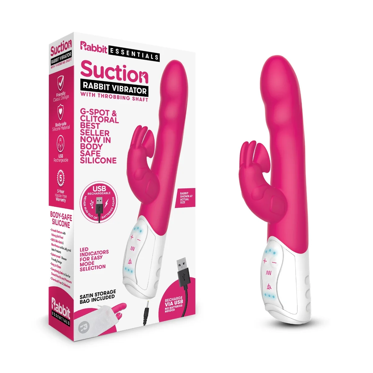 Rabbit Essentials Suction Rabbit Vibrator With Throbbing Shaft Hot Pink - Image 2