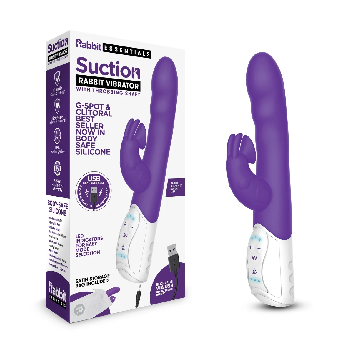 Rabbit Essentials Suction Rabbit Vibrator With Throbbing Shaft Purple - Image 2
