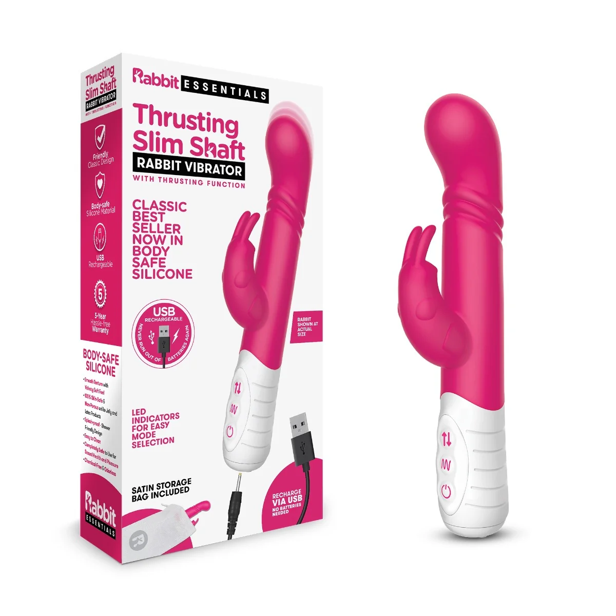 Rabbit Essentials Thrusting Slim Shaft Rabbit Vibrator With Thrusting Function Hot Pink - Image 2