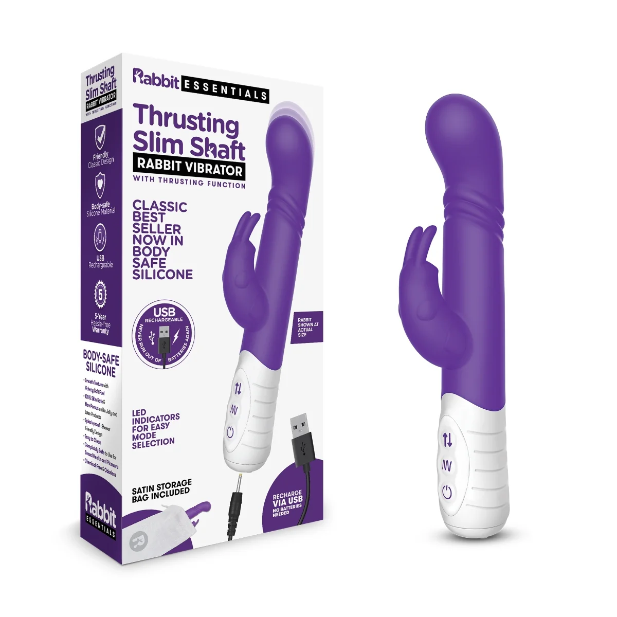 Rabbit Essentials Thrusting Slim Shaft Rabbit Vibrator With Thrusting Function Purple - Image 2