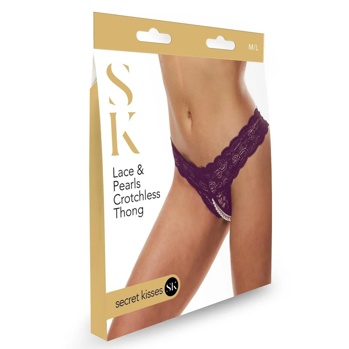 Secret Kisses Lace & Pearls Crotchless Thong Purple - Image 2