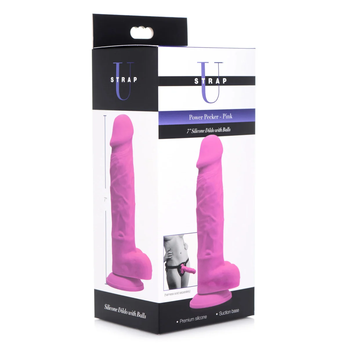 Strap U Power Pecker Silicone Dildo With Balls Pink 7 Inch - Image 2