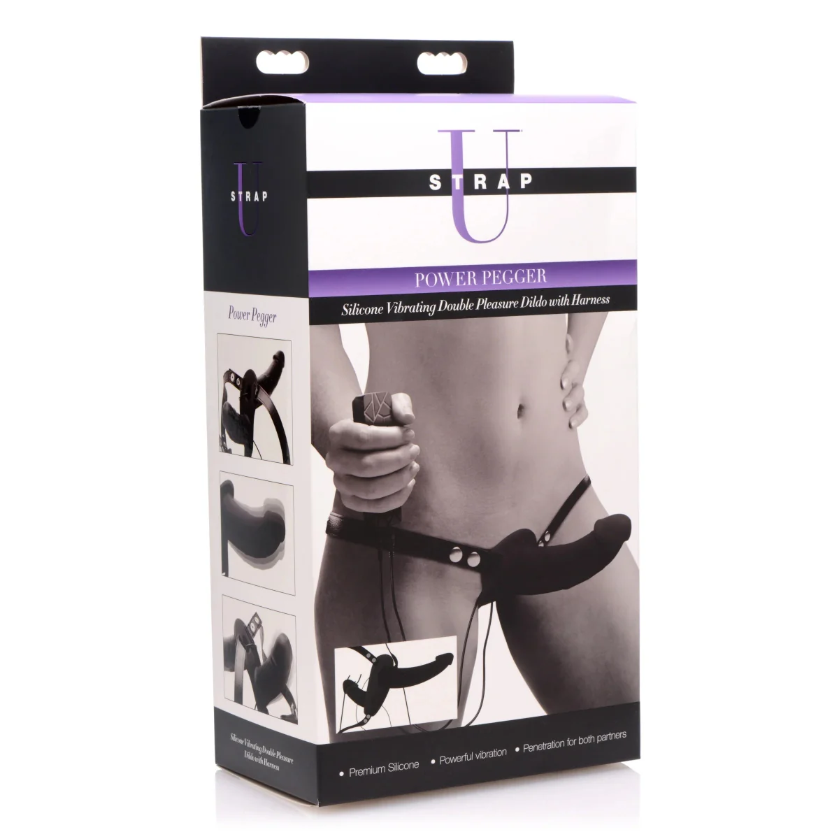Strap U Power Pegger Silicone Vibrating Double Pleasure Dildo With Harness Black - Image 2
