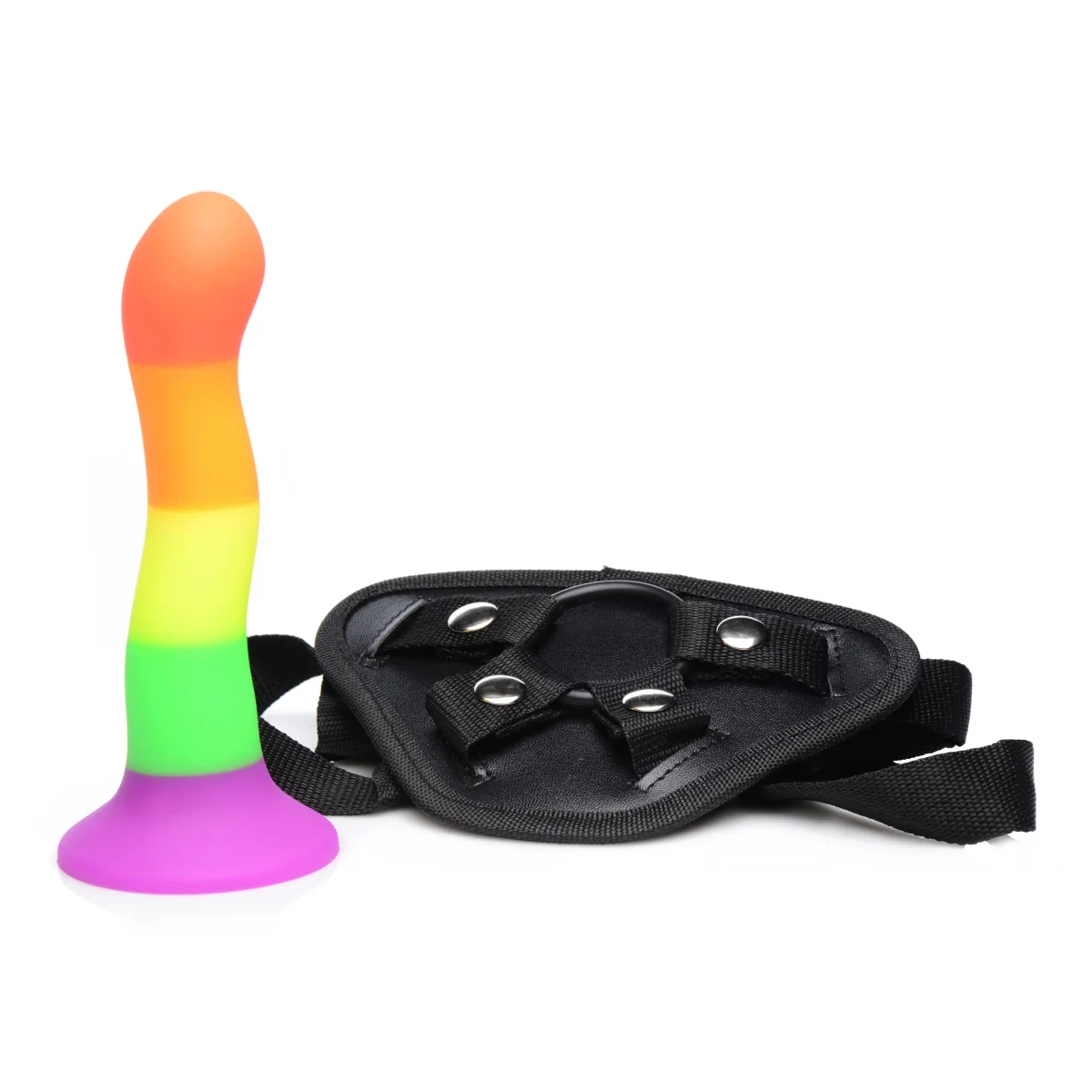 Strap U Proud Rainbow Silicone Dildo With Harness Black - Image 3