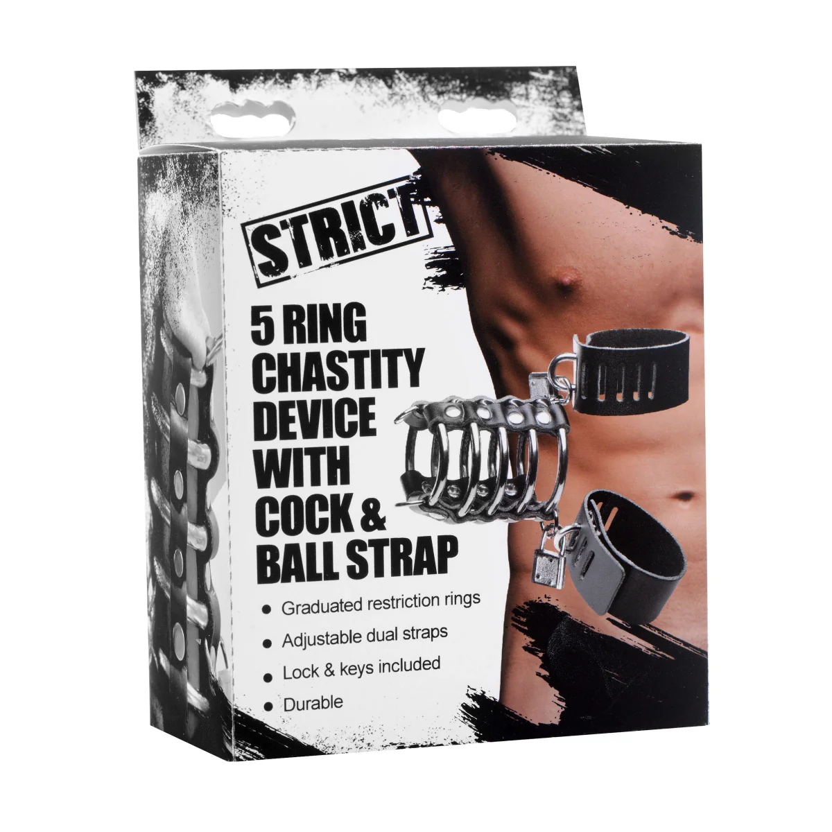 Strict 5 Ring Chastity Device With Cock & Ball Strap Black Silver - Image 2