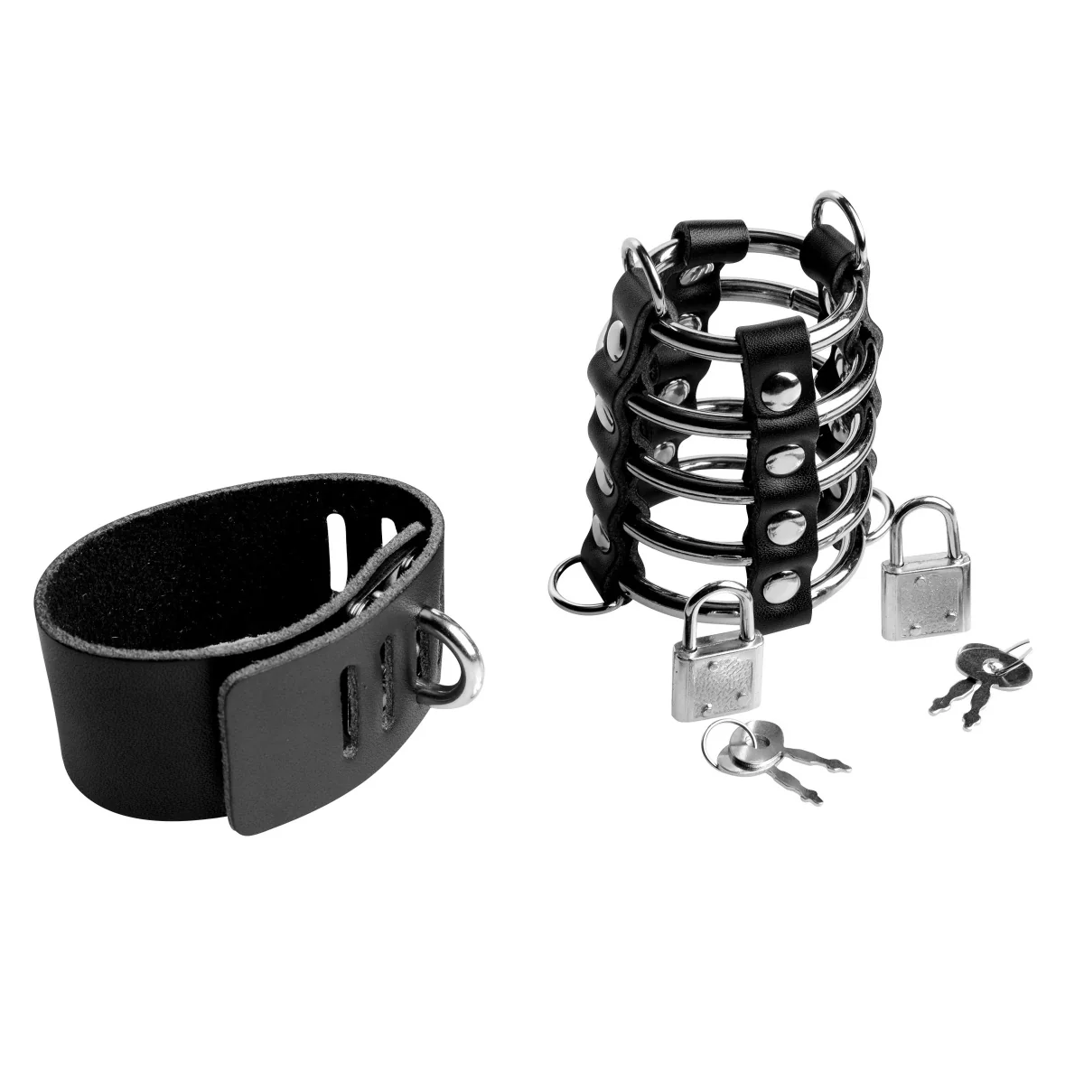 Strict 5 Ring Chastity Device With Cock & Ball Strap Black Silver - Image 3
