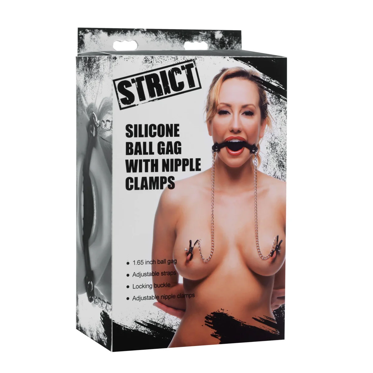 Strict Silicone Ball Gag With Nipple Clamps Black Silver - Image 2