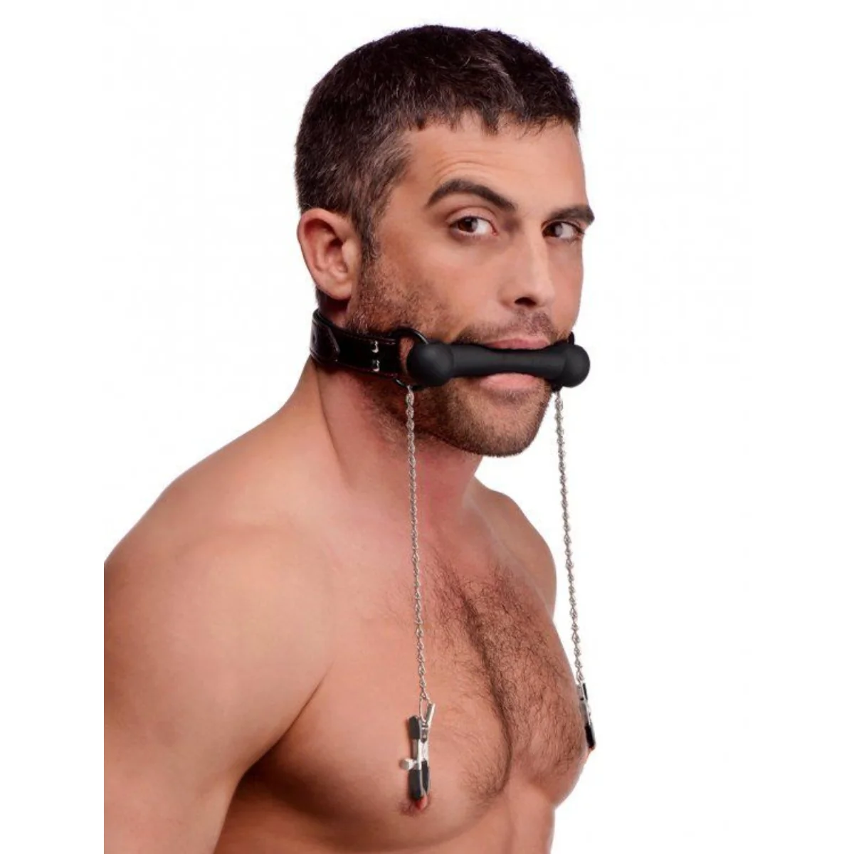 Strict Silicone Bit Gag & Nipple Clamps Black Silver - Image 4
