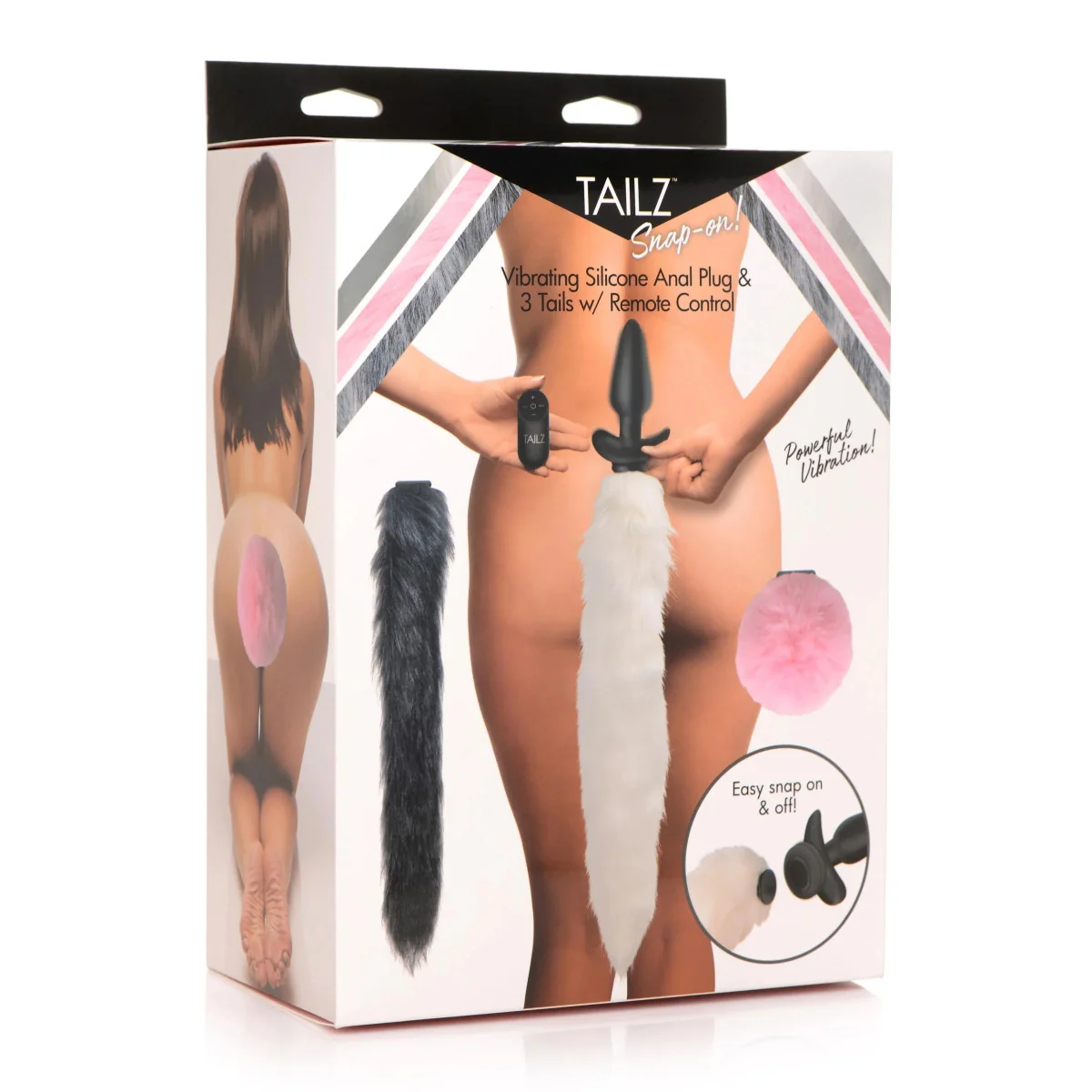Tailz Snap-On Vibrating Silicone Butt Plug & 3 Tails With Remote Control White Grey Pink - Image 2